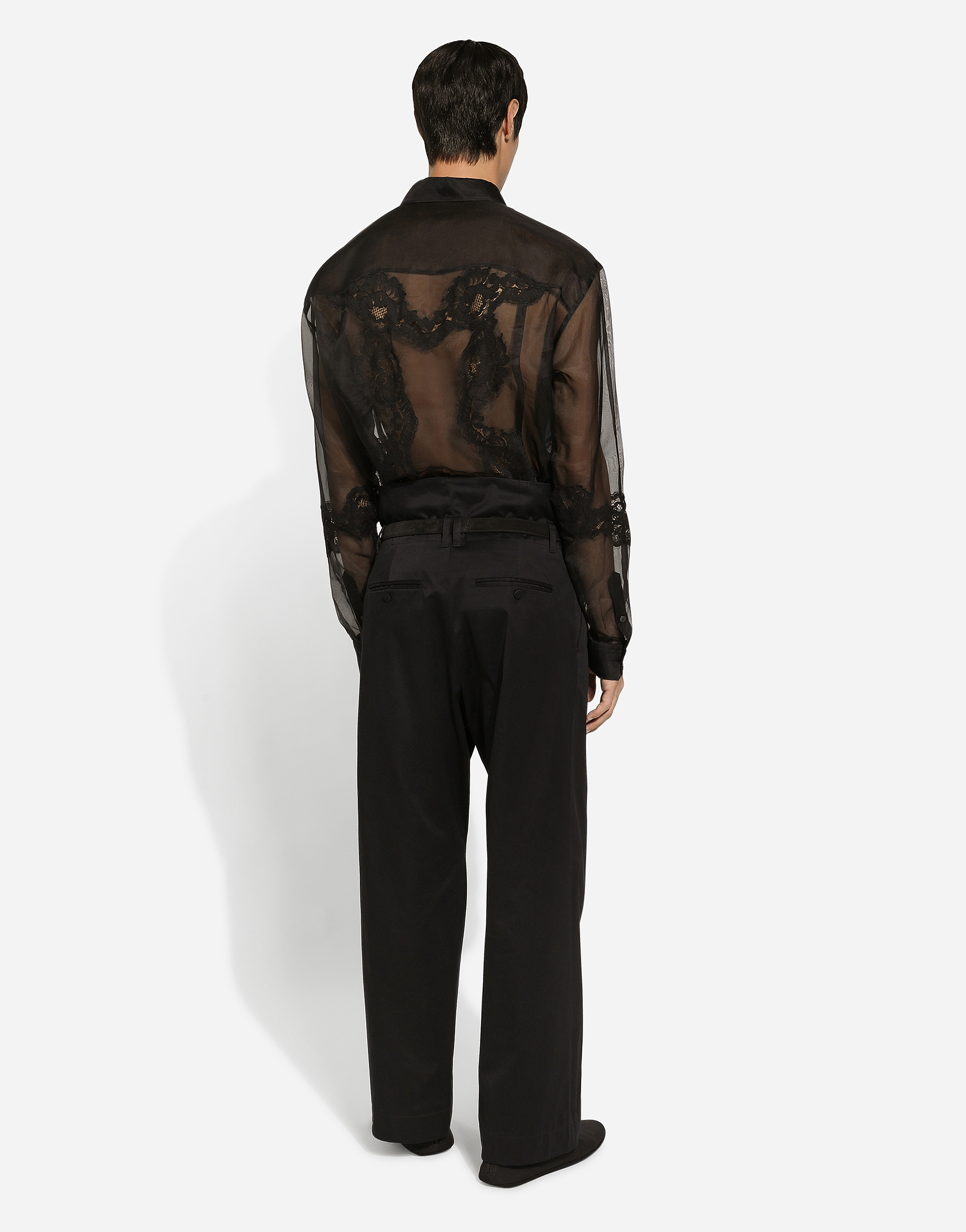 Shop Dolce & Gabbana Oversize Organza Shirt With Lace Inserts In Black