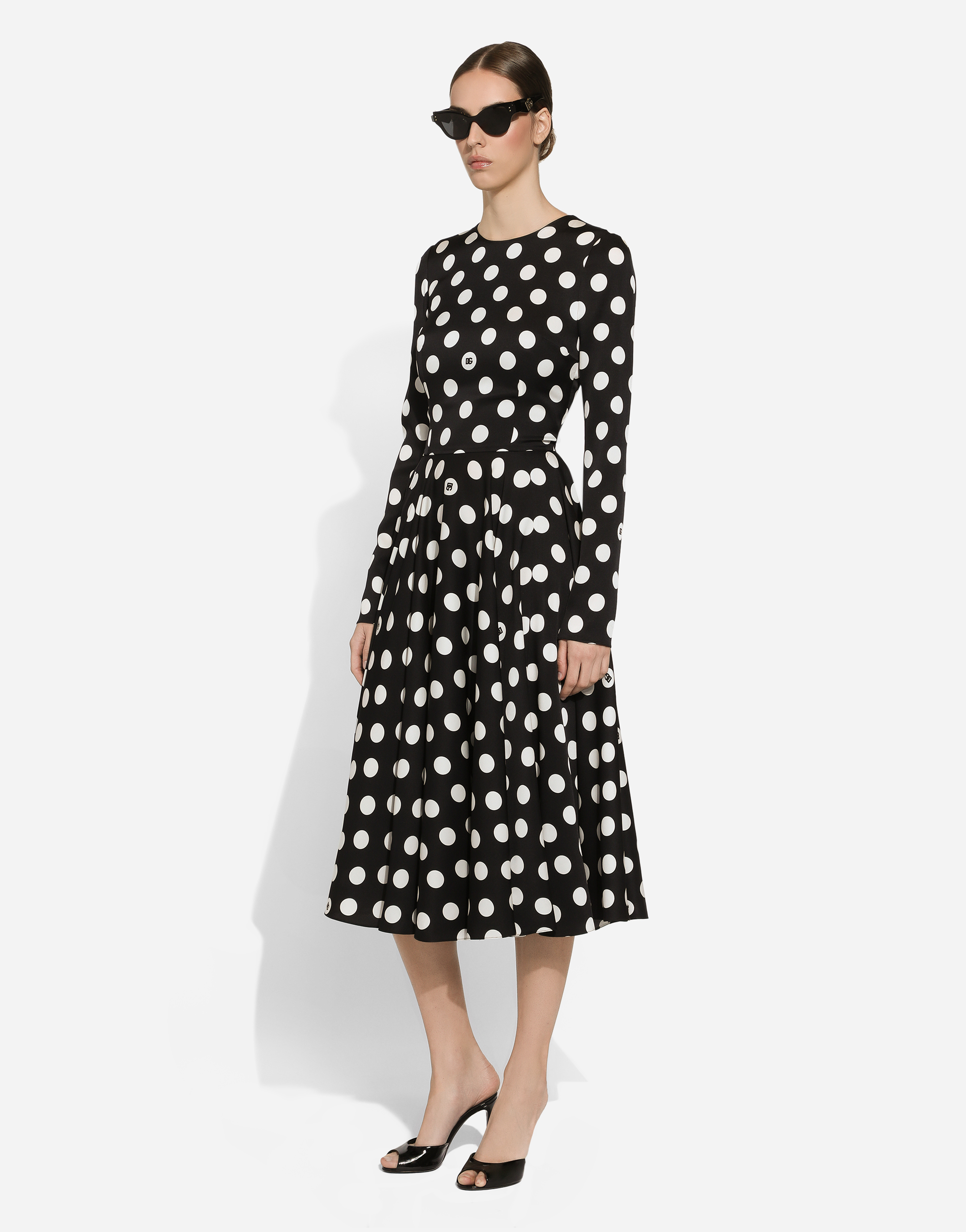 Shop Dolce & Gabbana Charmeuse Calf-length Circle-skirt Dress With Polka-dot Print In プリ