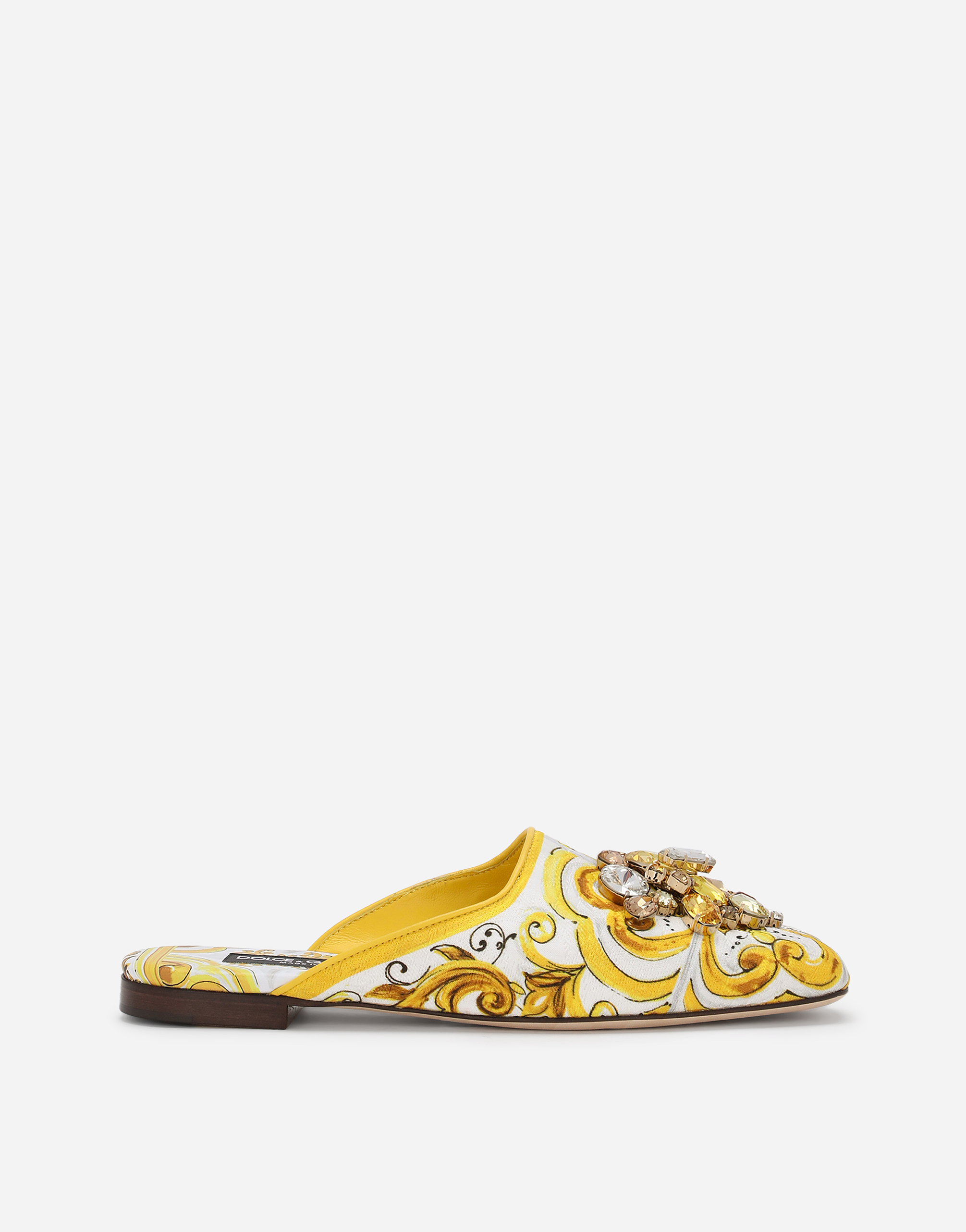 Shop Dolce & Gabbana Majolica-print Brocade Mules With Embroidery In Giallo