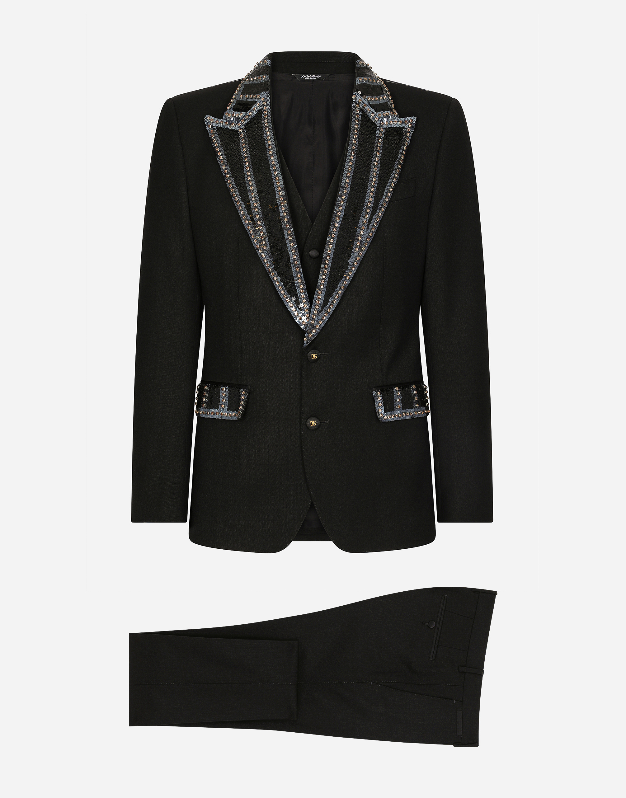 男士黑Three-piece stretch wool Sicilia-fit suit with rhinestones