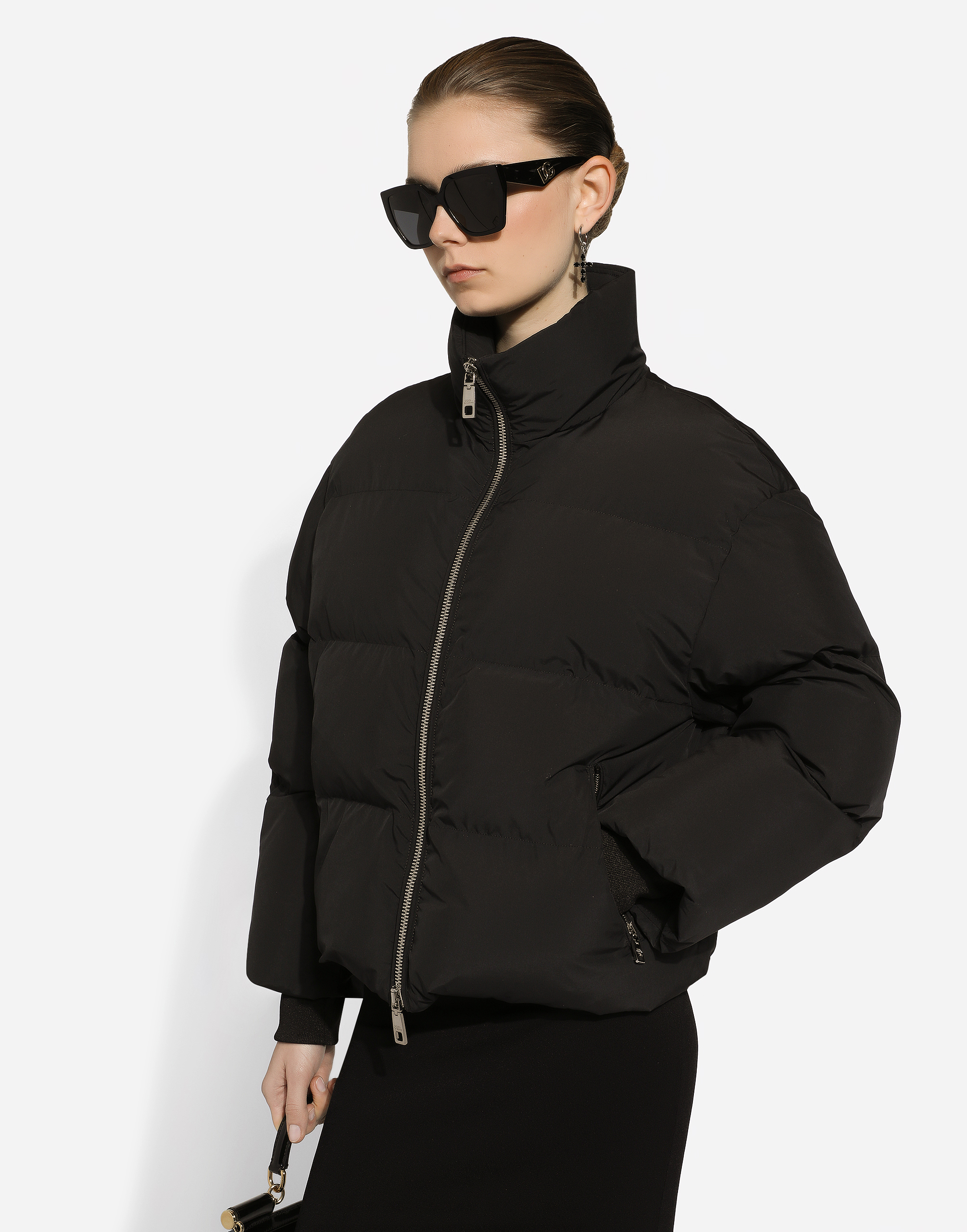 Shop Dolce & Gabbana Short Nylon Down Jacket With Branded Tag In ブラック