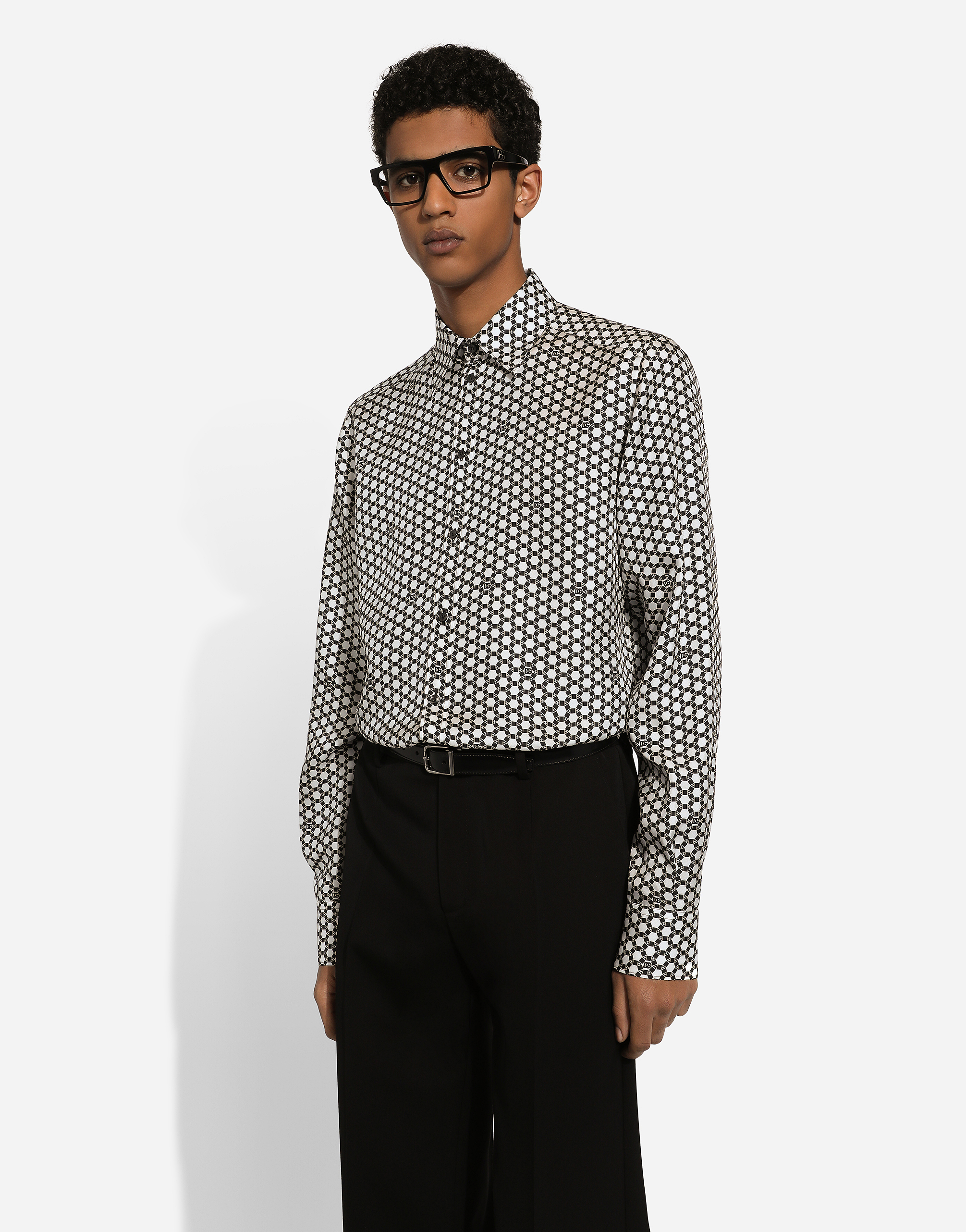 Shop Dolce & Gabbana Silk Martini-fit Shirt With Dg Print In Multicolor