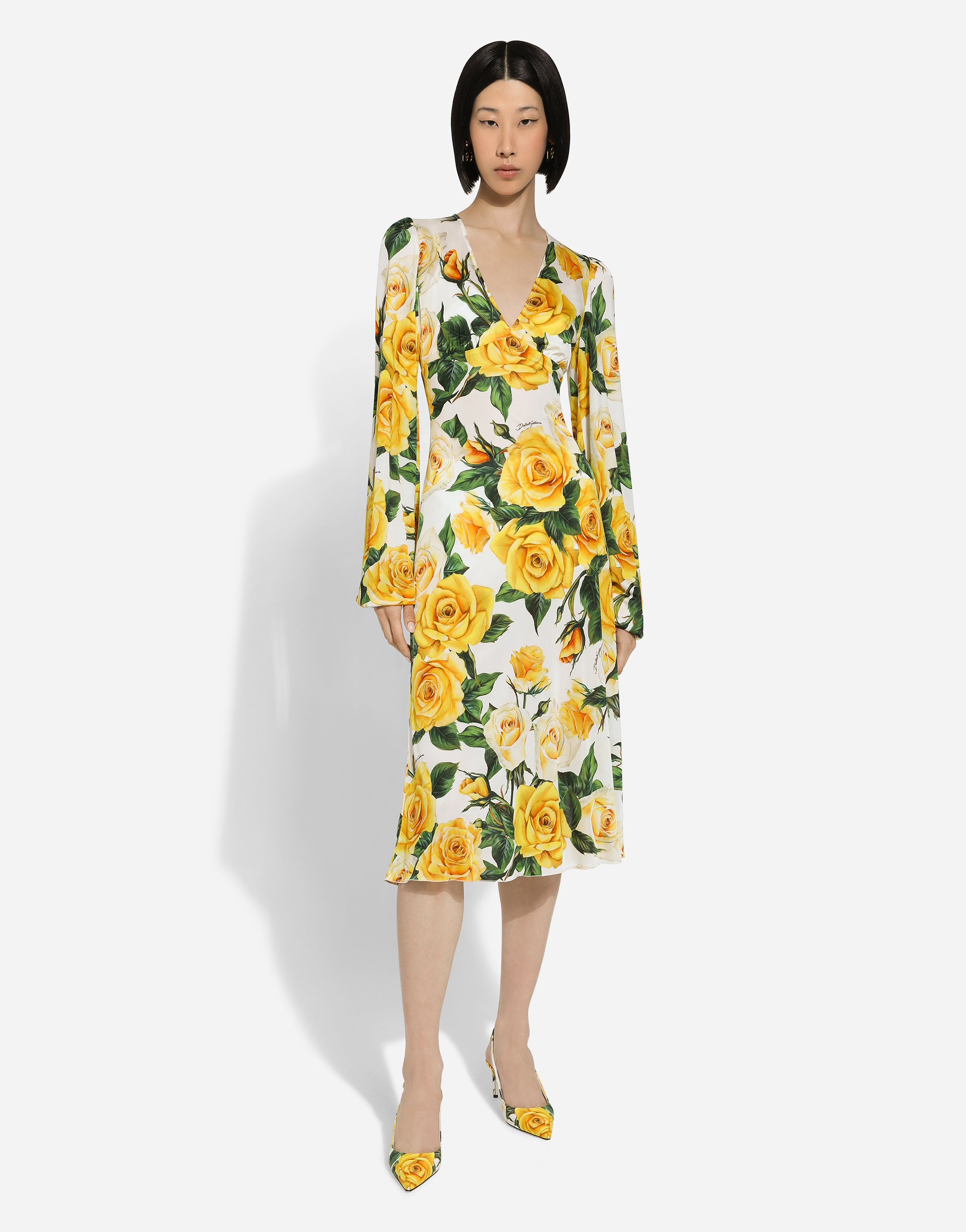 Shop Dolce & Gabbana Organzine V-neck Dress With Yellow Rose Print