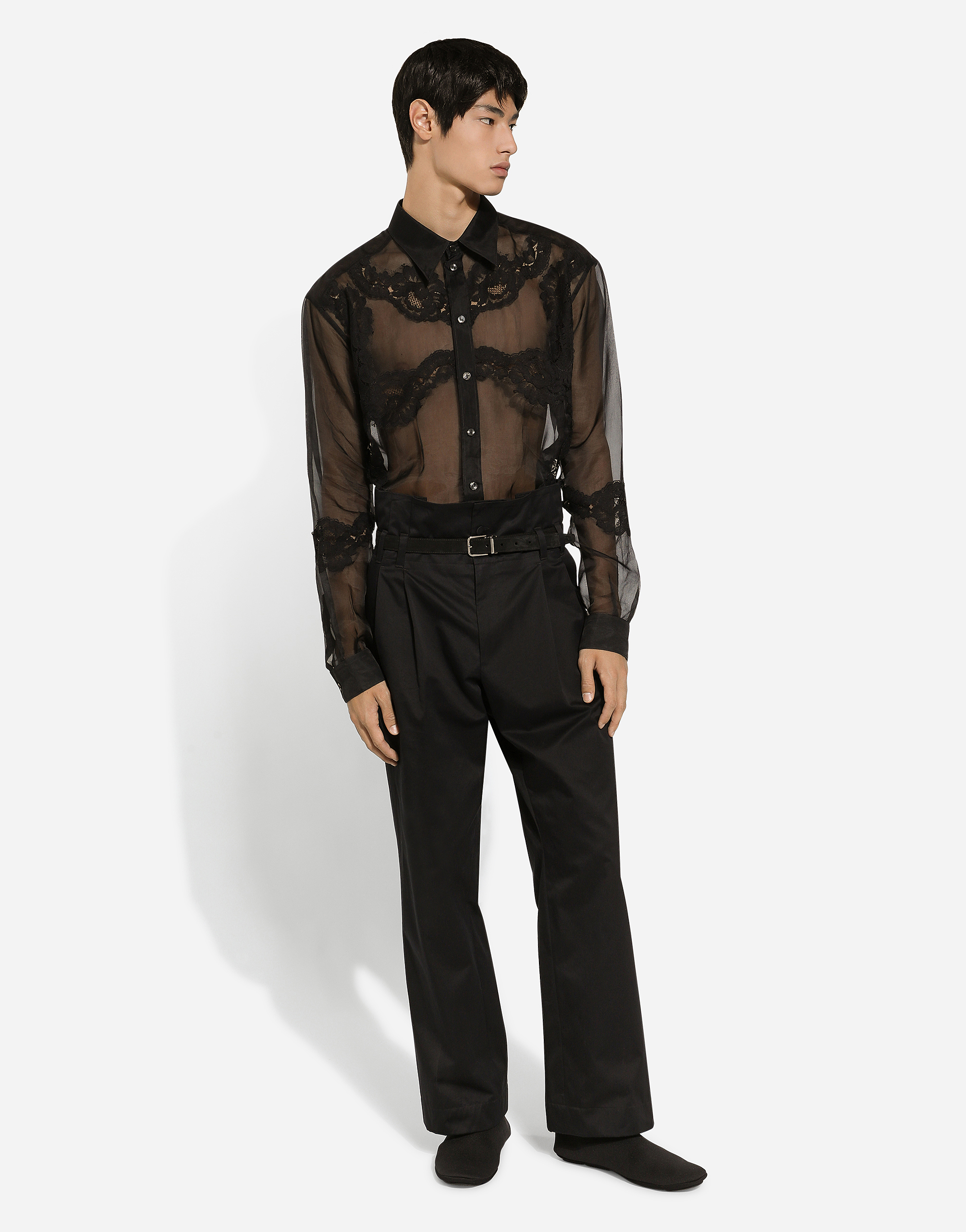 Shop Dolce & Gabbana Oversize Organza Shirt With Lace Inserts In Black