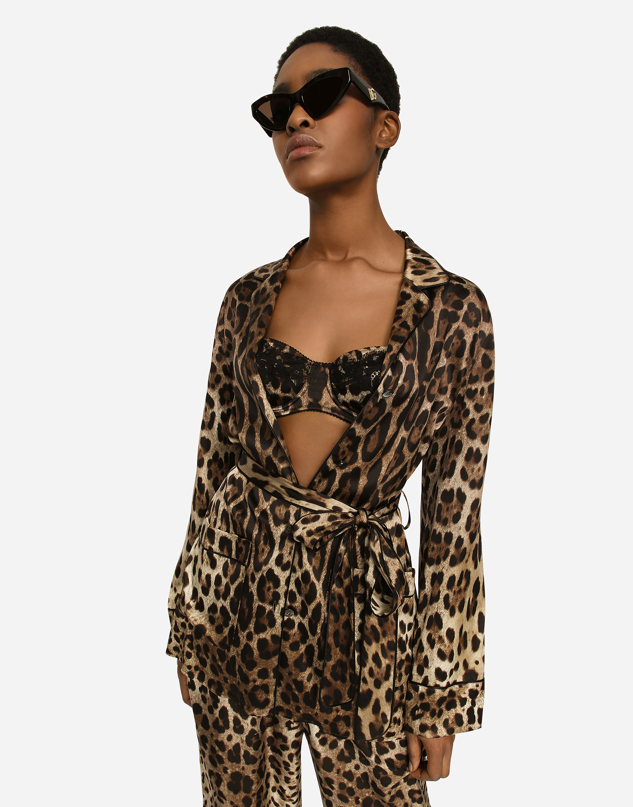 Leopard-print satin pajama shirt with belt in Multicolor for Women