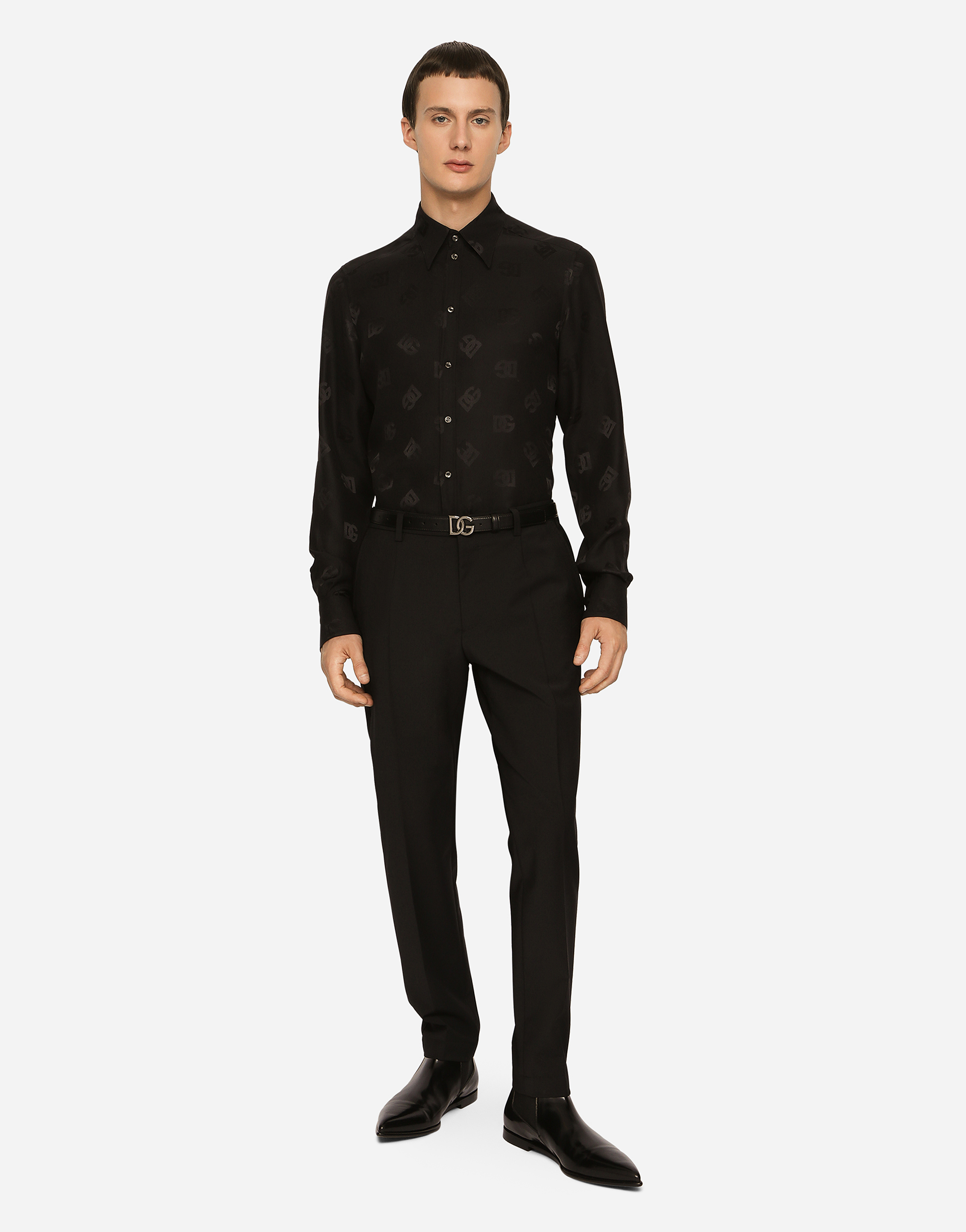 Silk jacquard Martini-fit shirt with DG Monogram in Black for