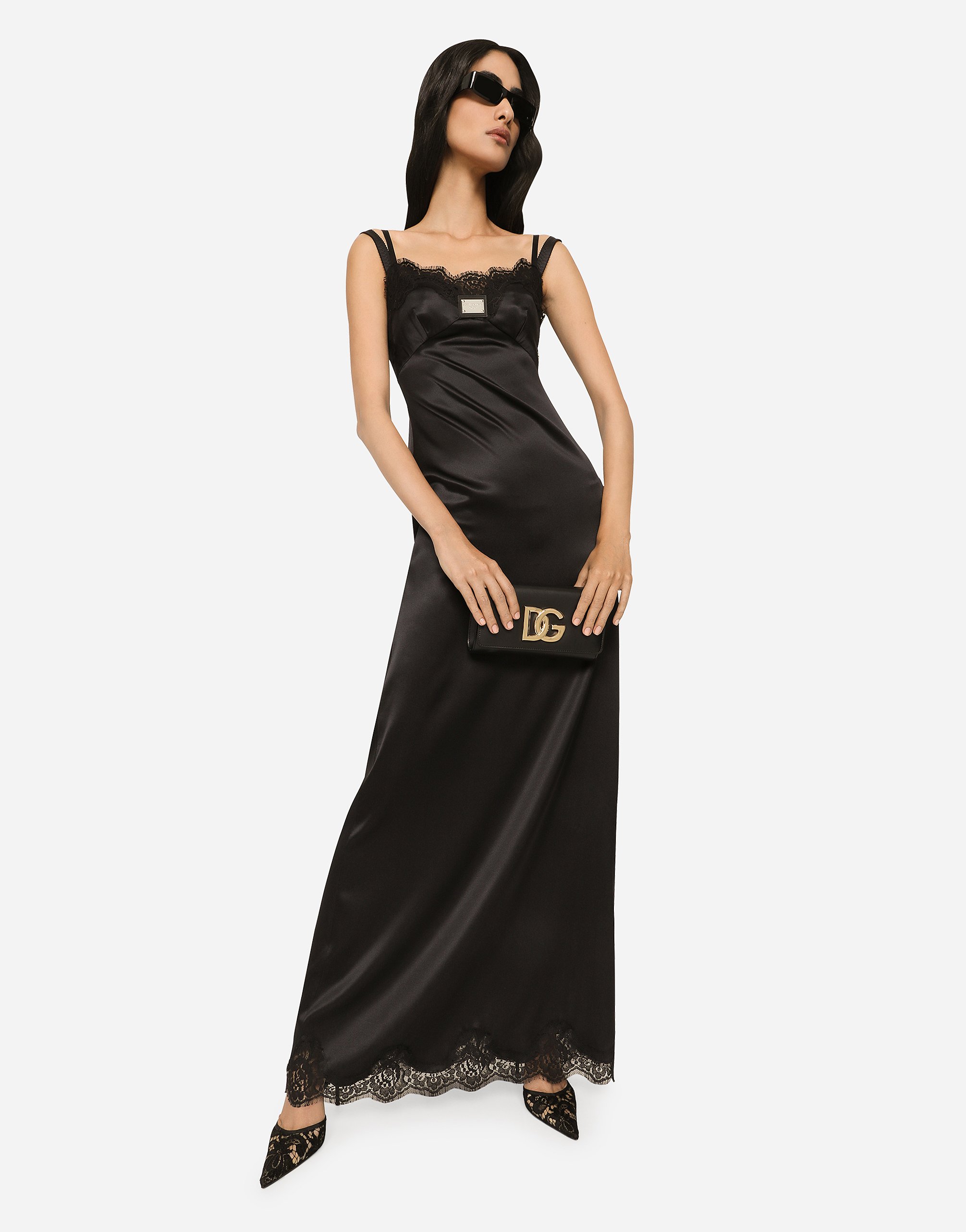 Shop Dolce & Gabbana Long Satin Slip Dress With The Dolce&gabbana Tag In Black