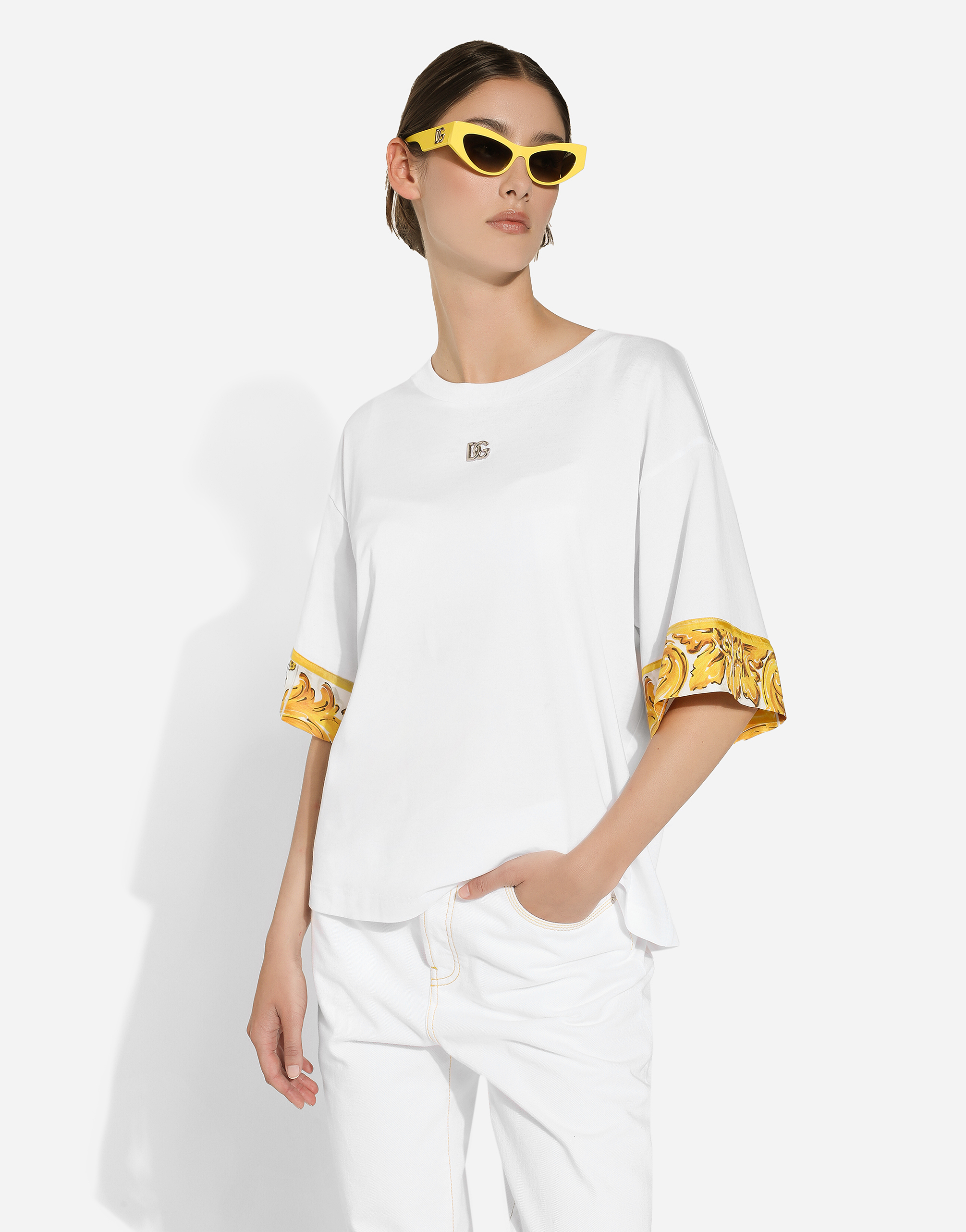 Shop Dolce & Gabbana Cotton Jersey T-shirt With Majolica-print Silk Twill Details In White