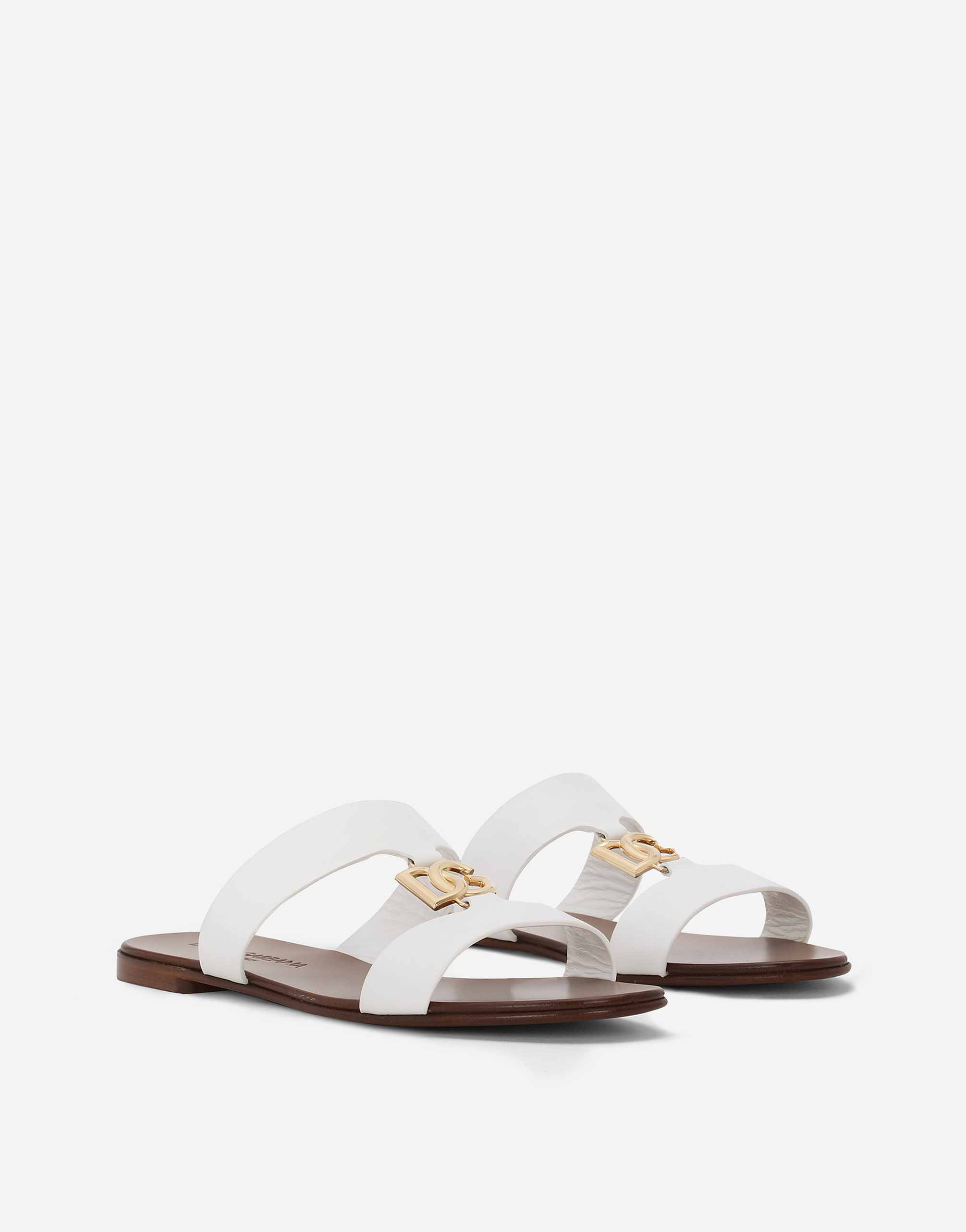 Shop Dolce & Gabbana Calfskin Sliders With Dg Logo In Bianco Ottico