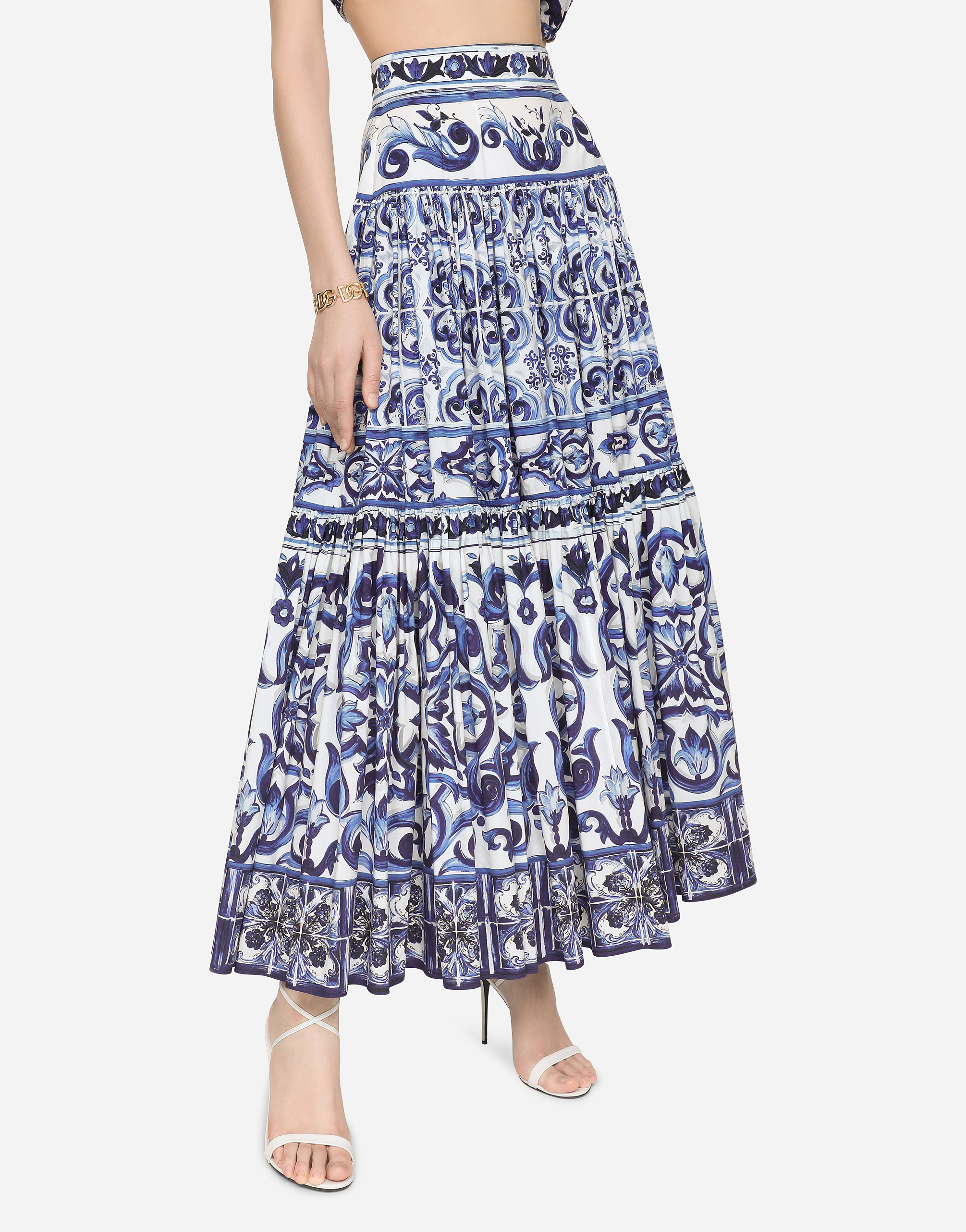 Long majolica-print poplin skirt in Multicolor | Dolce&Gabbana®