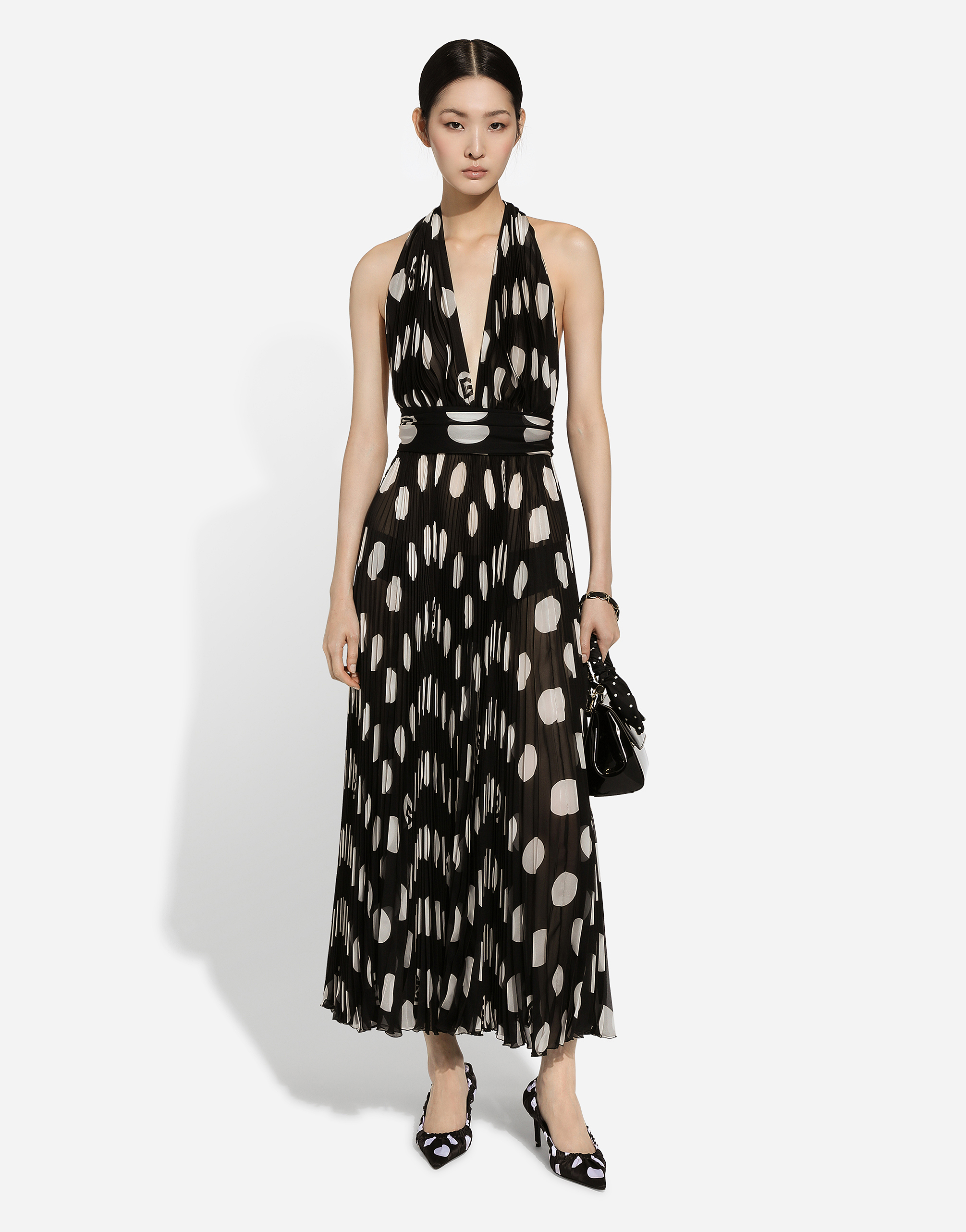 Shop Dolce & Gabbana Pleated Chiffon Calf-length Dress With Polka-dot Print In プリ