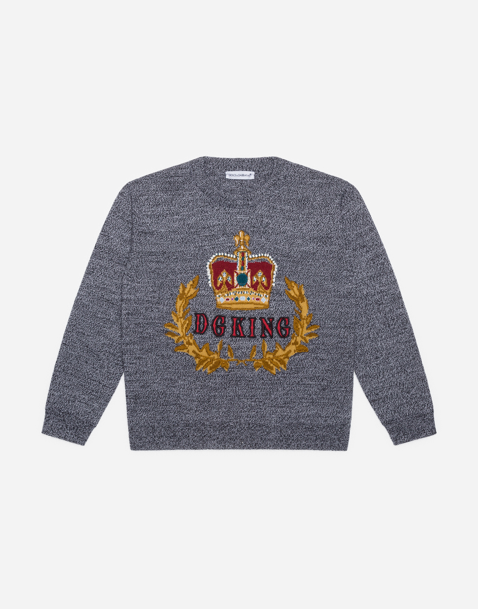 Crew neck wool sweater with crown embroidery