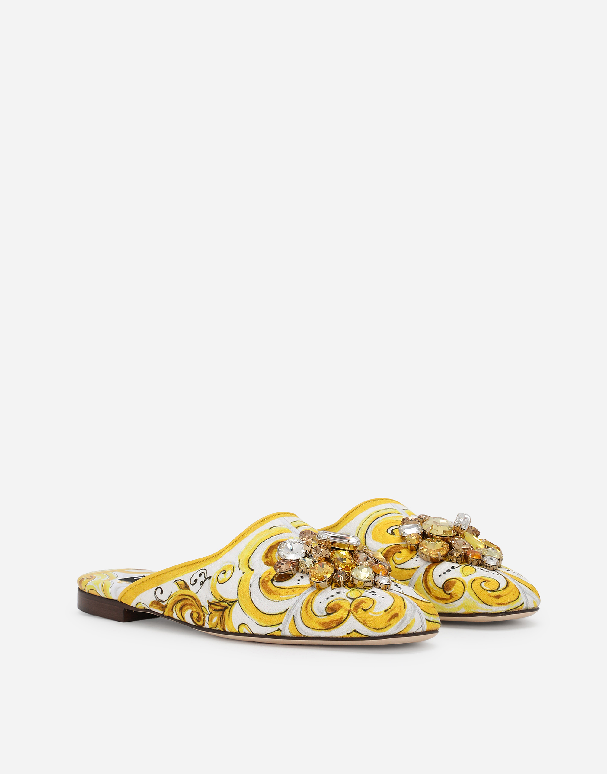 Shop Dolce & Gabbana Majolica-print Brocade Mules With Embroidery In Giallo