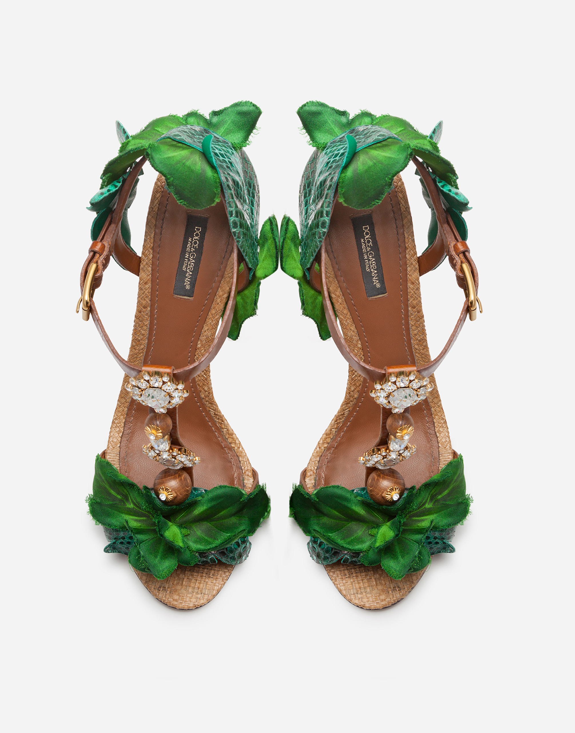 Sandals in cowhide with leaf appliqué and bejeweled embroidery