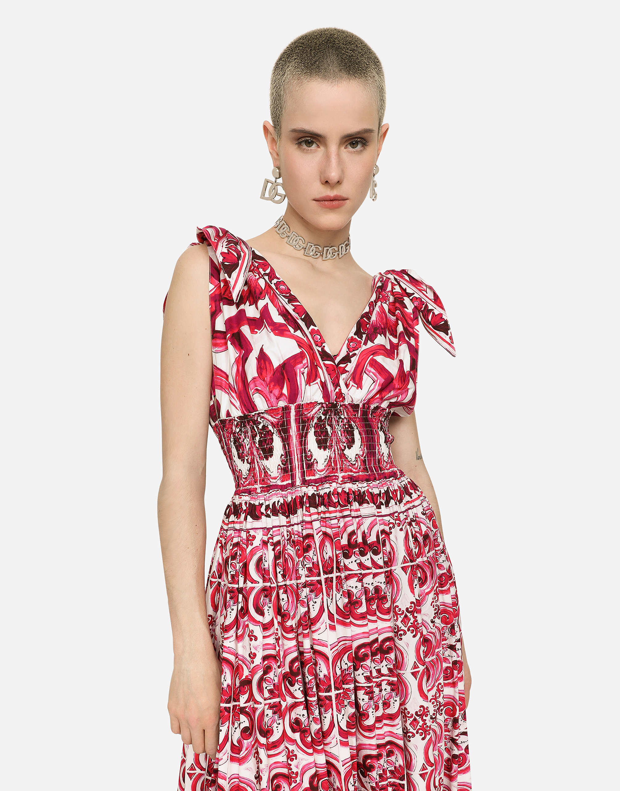 Dolce & Gabbana Bustier Midi Dress In Majolica-print Poplin, Woman Dresses  Fuchsia Cotton 44
