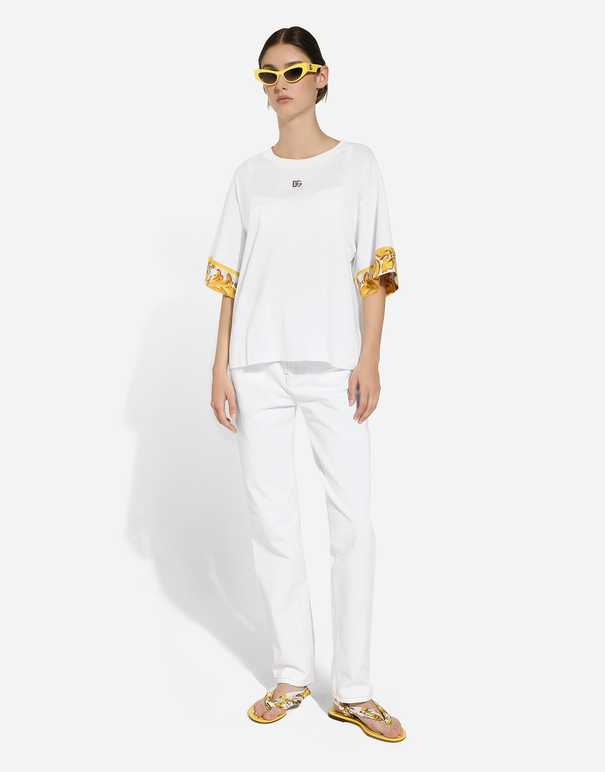 Shop Dolce & Gabbana Cotton Jersey T-shirt With Majolica-print Silk Twill Details In White