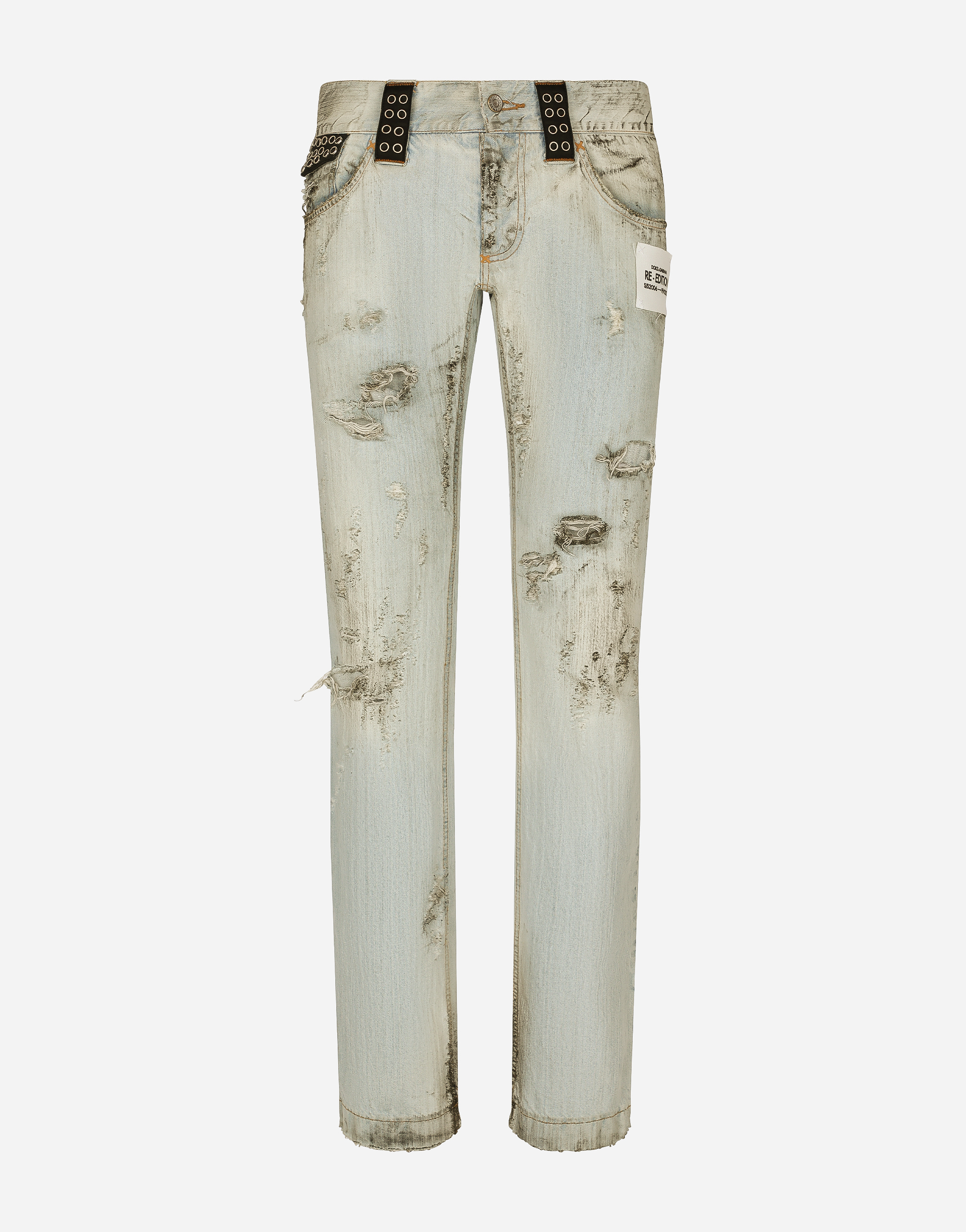 マルチカラーのメンズ Washed dirty denim jeans with rips ...