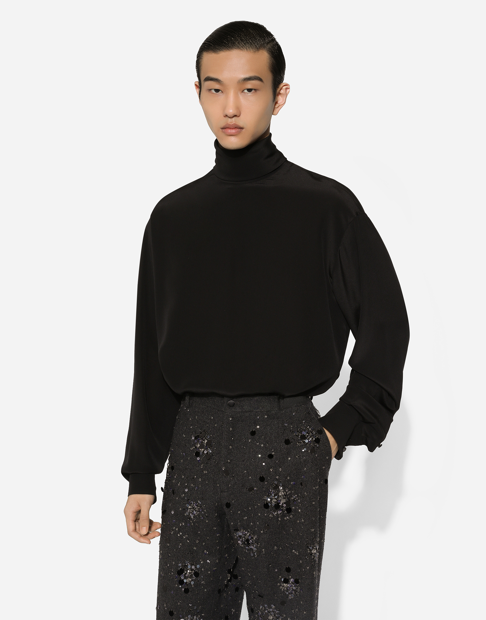 Shop Dolce & Gabbana Loose Silk Turtleneck With Shirt Cuffs In ブラック