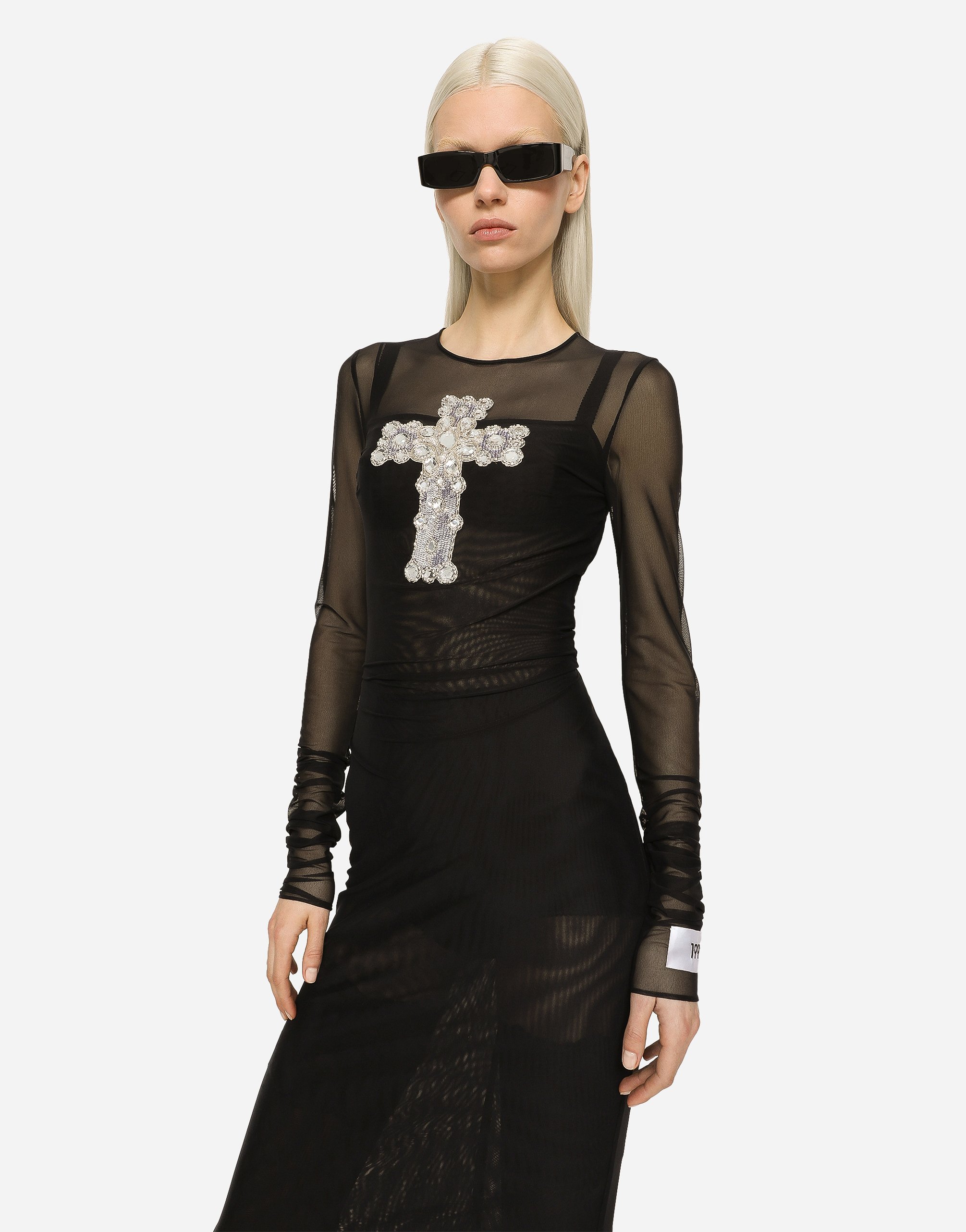 Long tulle dress with rhinestone cross embellishment in Black for