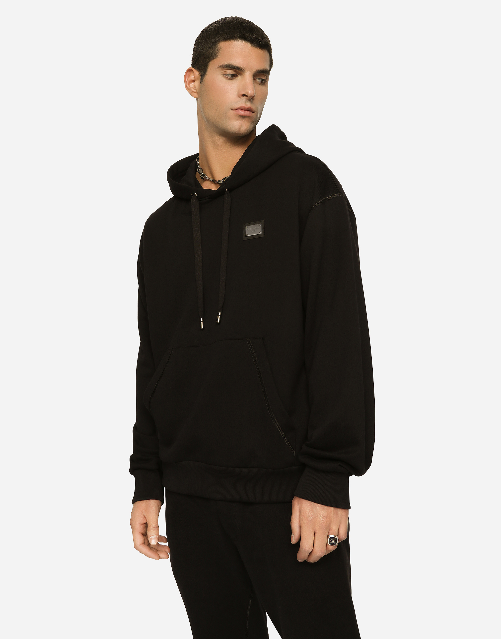 Shop Dolce & Gabbana Jersey Hoodie With Branded Tag In Black