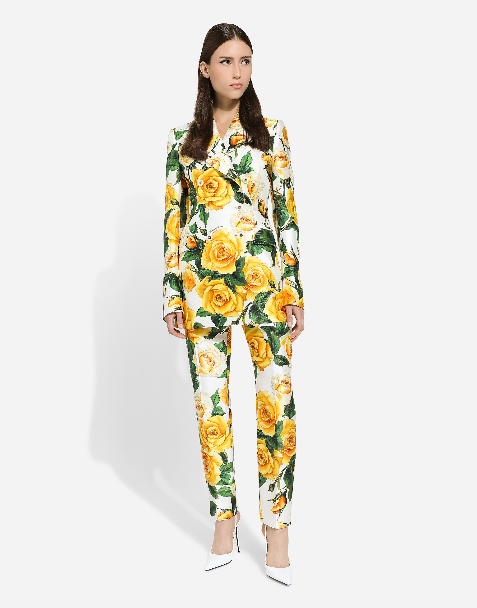 Shop Dolce & Gabbana High-waisted Mikado Pants With Yellow Rose Print