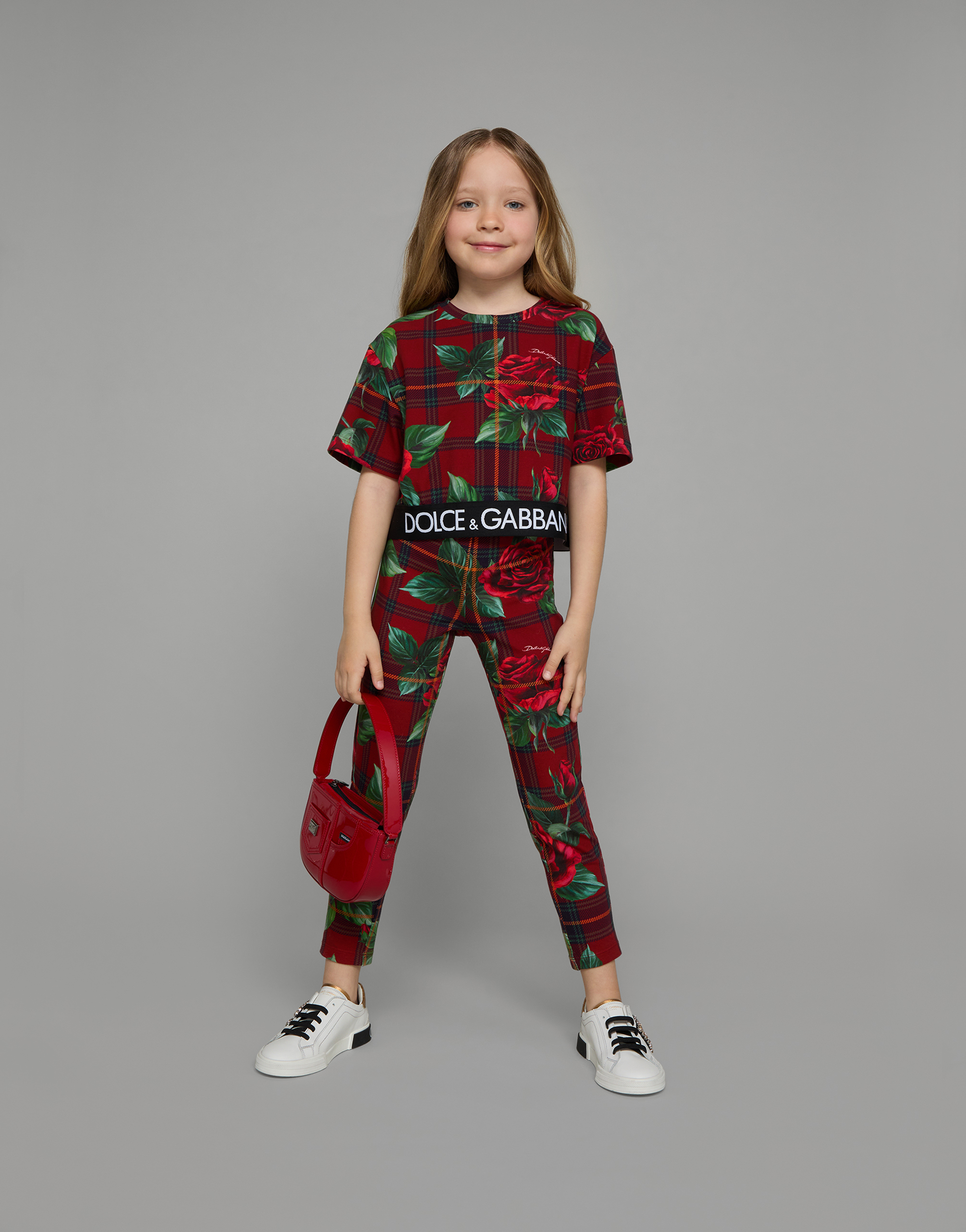 Interlock leggings with tartan and rose print in Red for