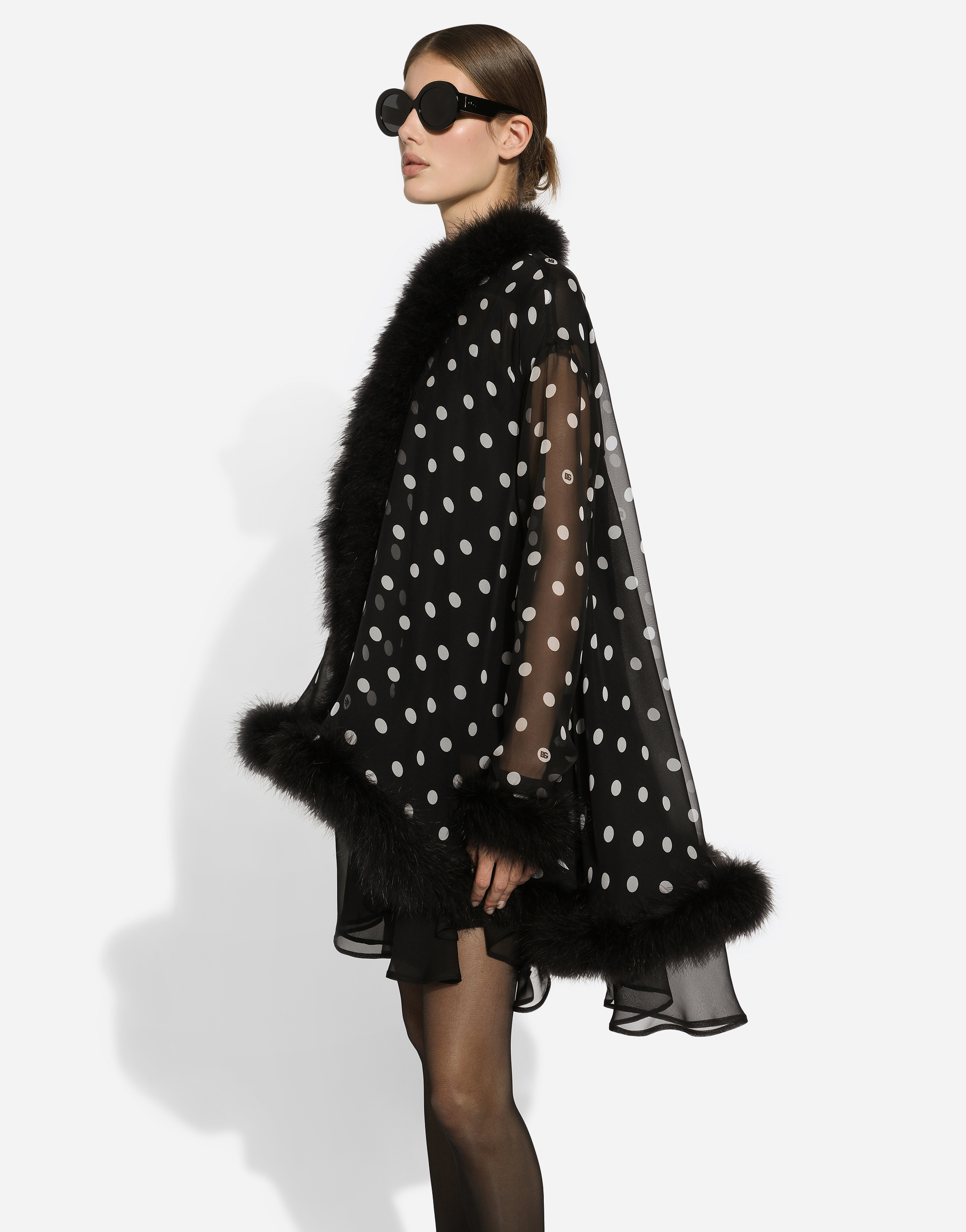 Shop Dolce & Gabbana Chiffon Cape With Polka-dot Print And Marabou Trim In プリ