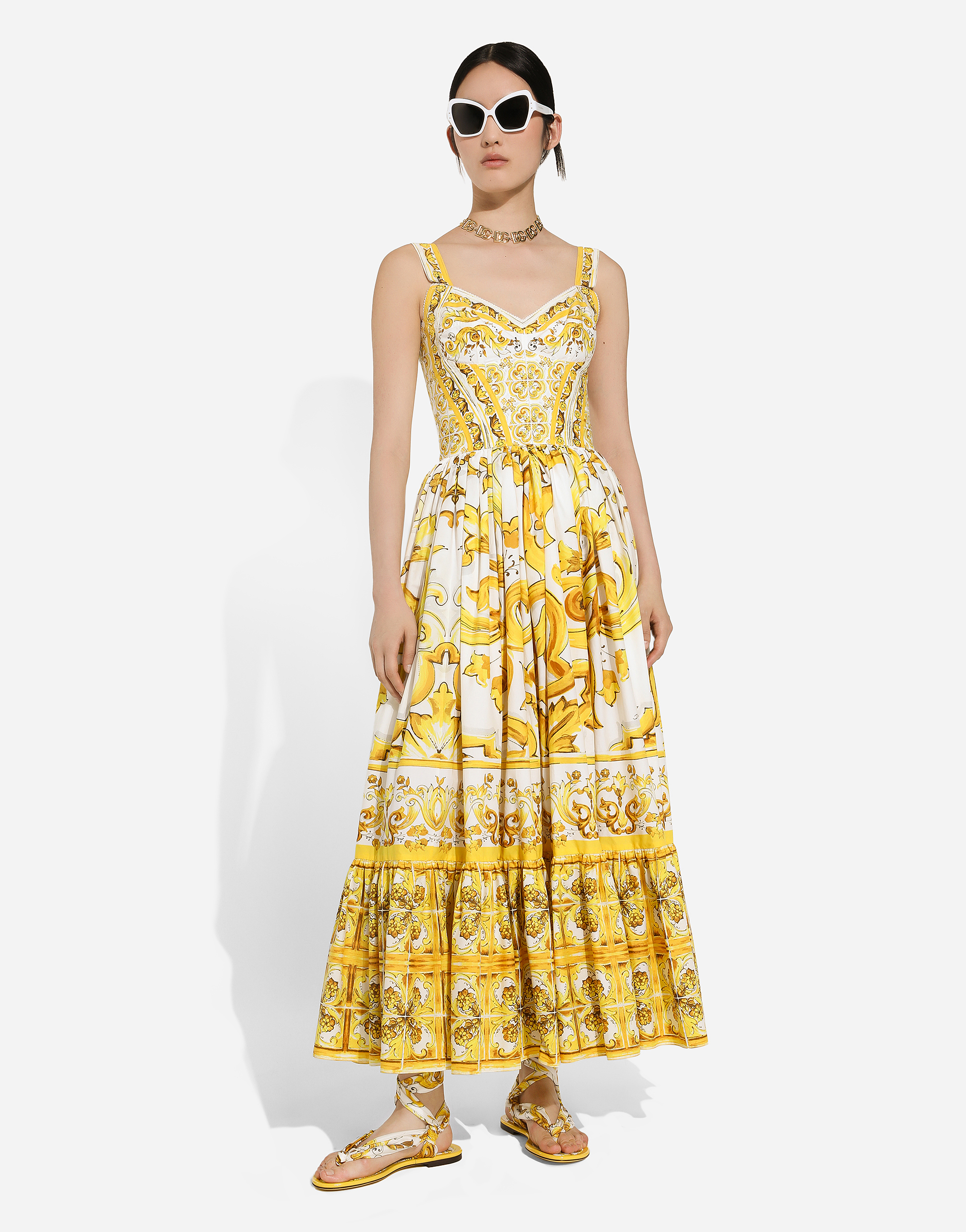 Shop Dolce & Gabbana Calf-length Corset Dress In Majolica-print Cotton Poplin