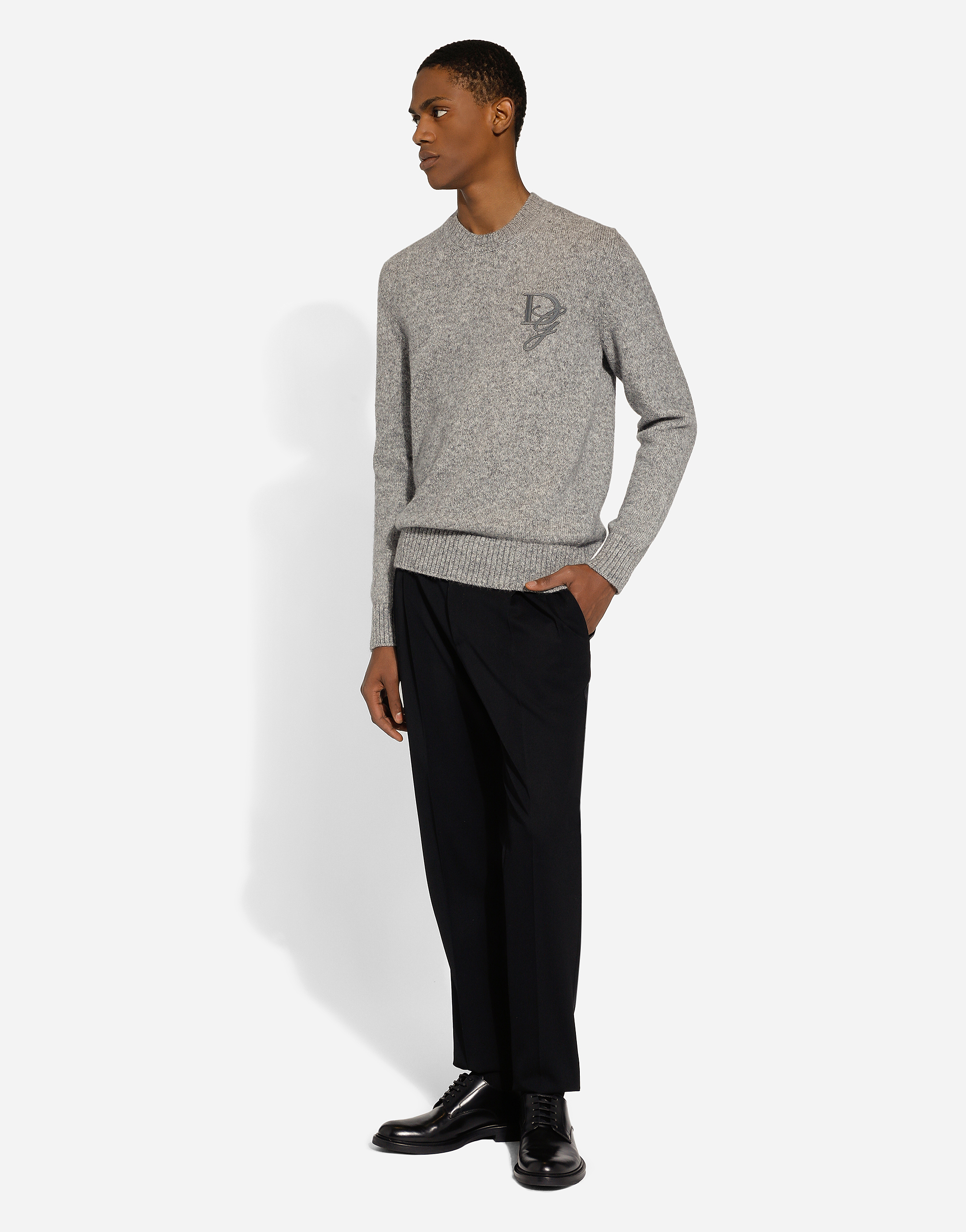 Shop Dolce & Gabbana Round-neck Wool Sweater With Dg Embroidery In Grey