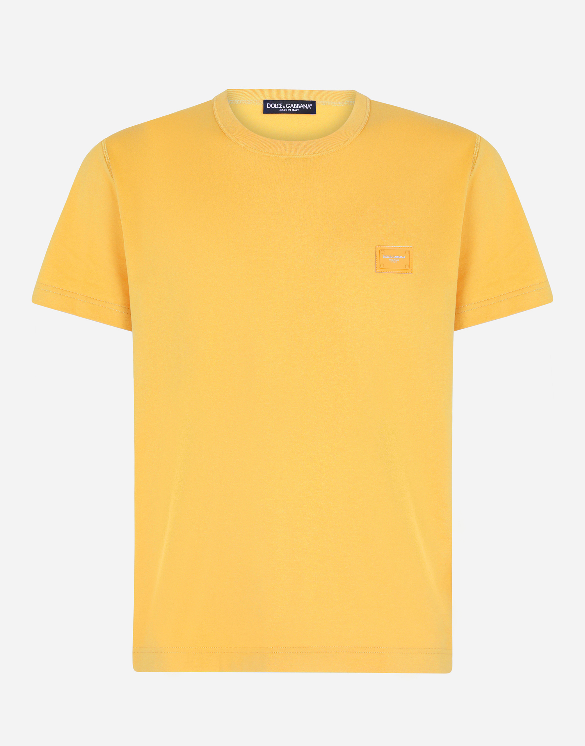 Cotton V-neck T-shirt with branded plate in Yellow | Dolce&Gabbana®