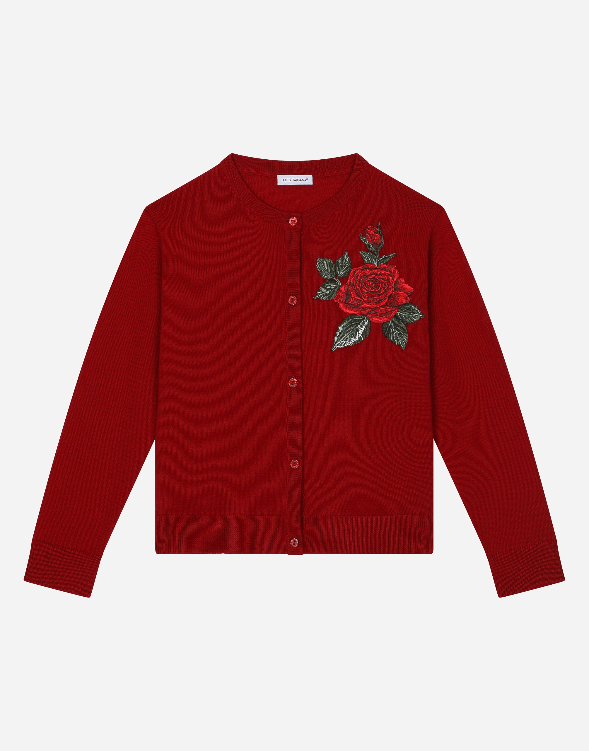 ボルドーのガールズ Wool cardigan with rose patch | Dolce&Gabbana®
