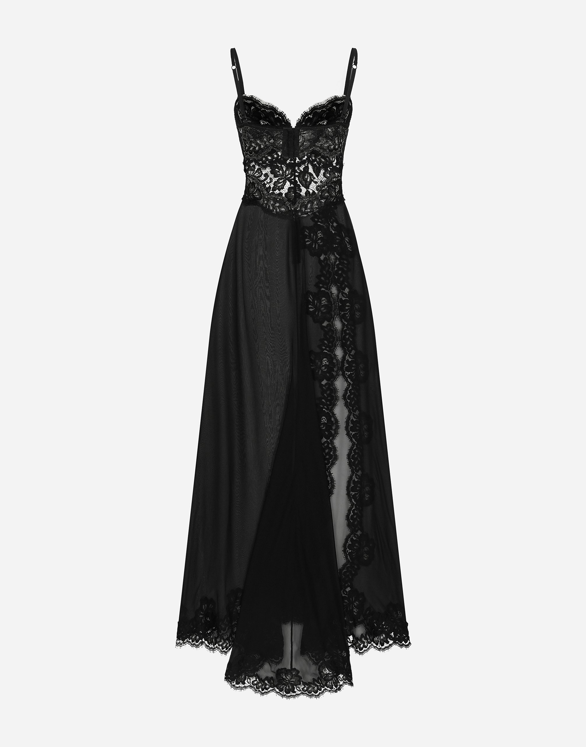 Shop Dolce & Gabbana Long Silk Chiffon And Chantilly Lace Slip Dress In Black