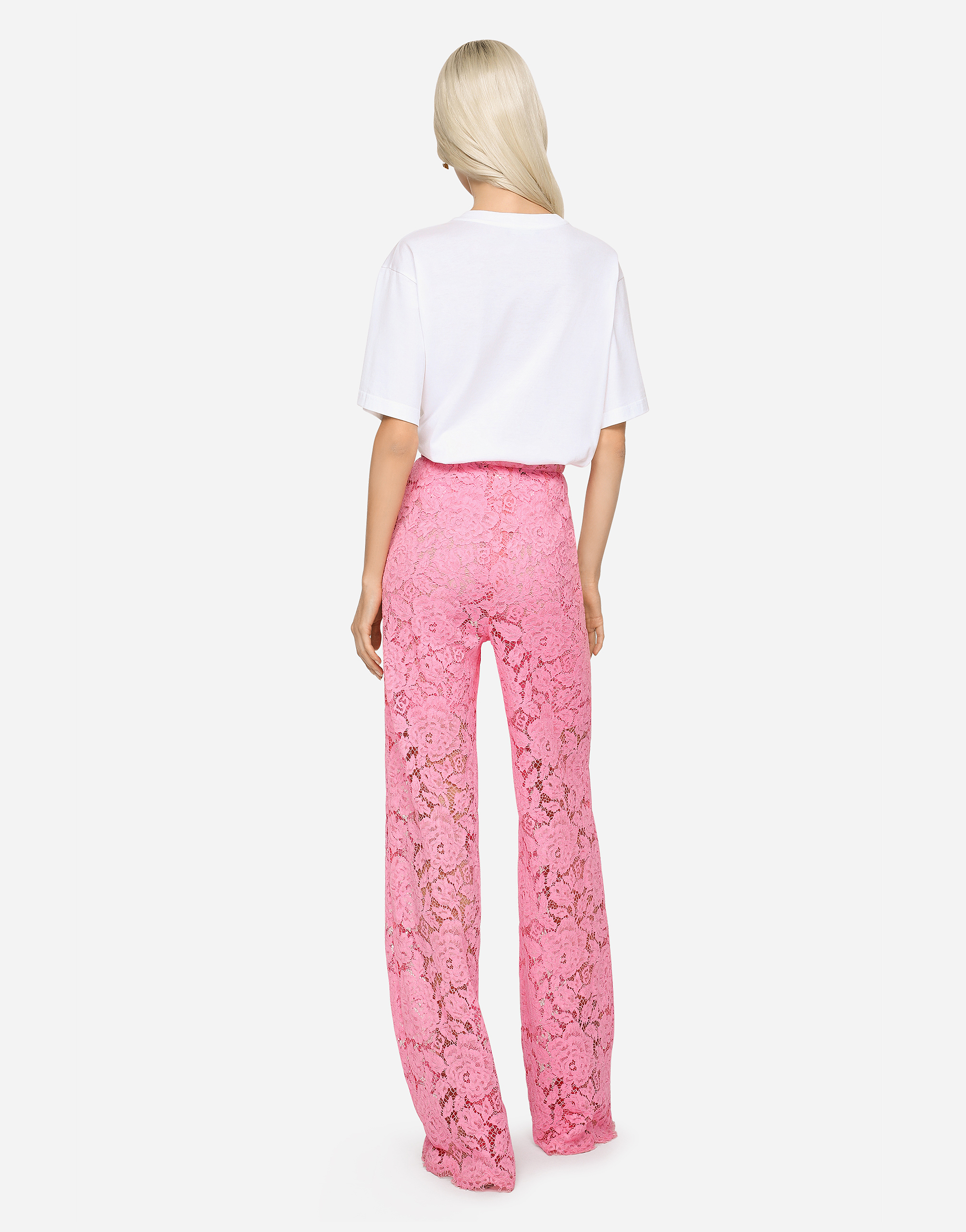 Flared branded stretch lace pants in Pink for Women | Dolce&Gabbana®