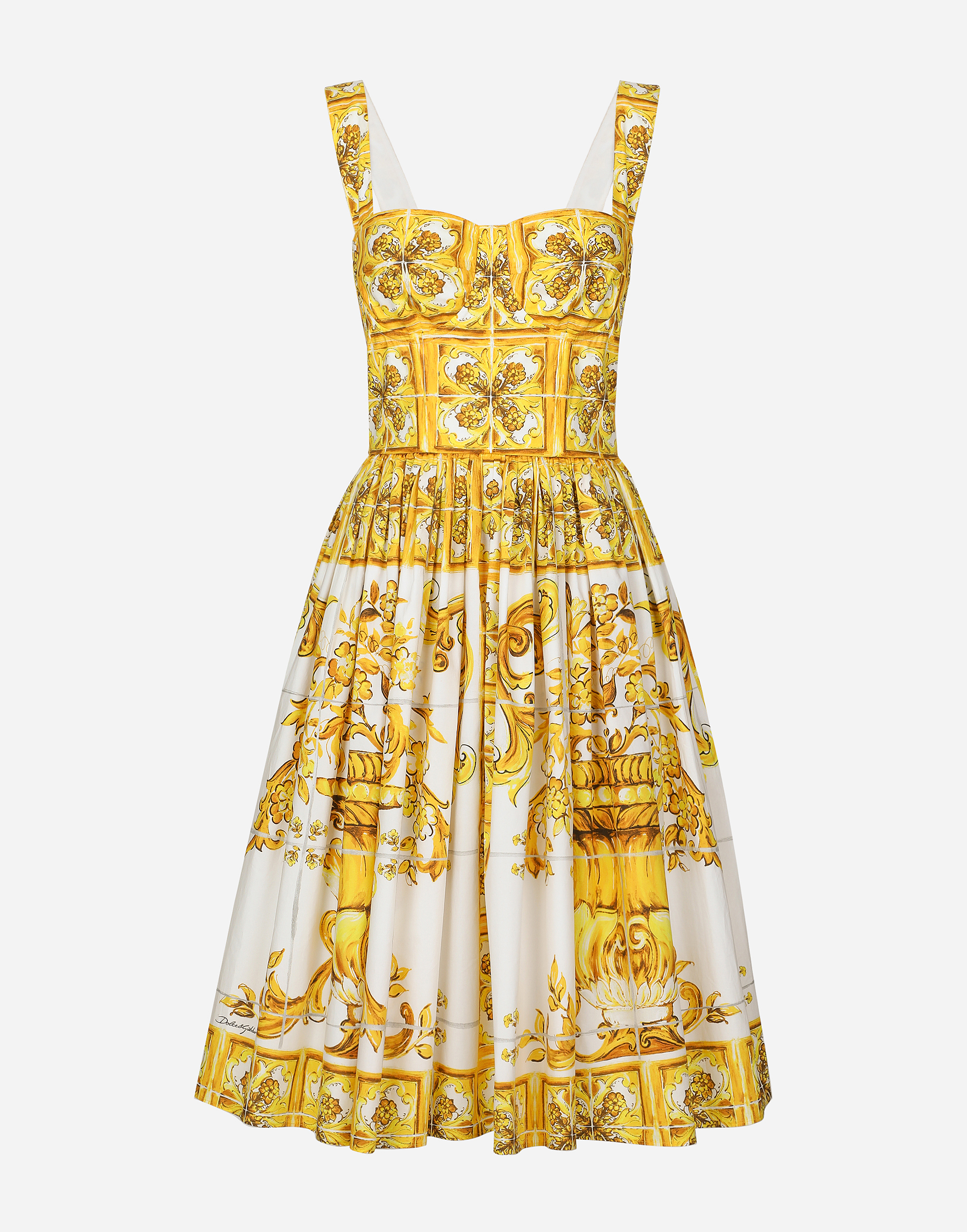 Shop Dolce & Gabbana Midi Corset Dress In Cotton Poplin With Majolica Print