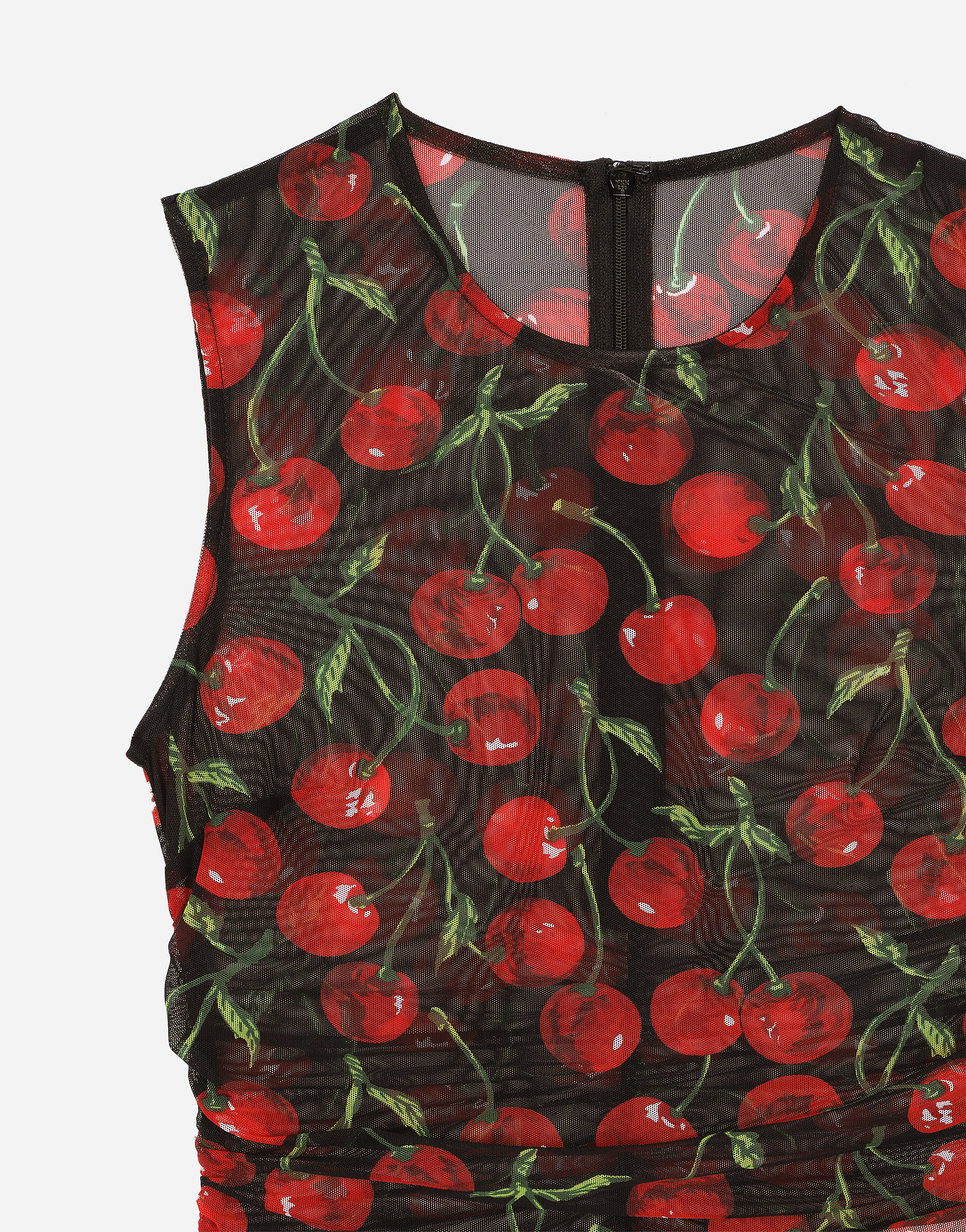 Sleeveless tulle top with cherry print and draping