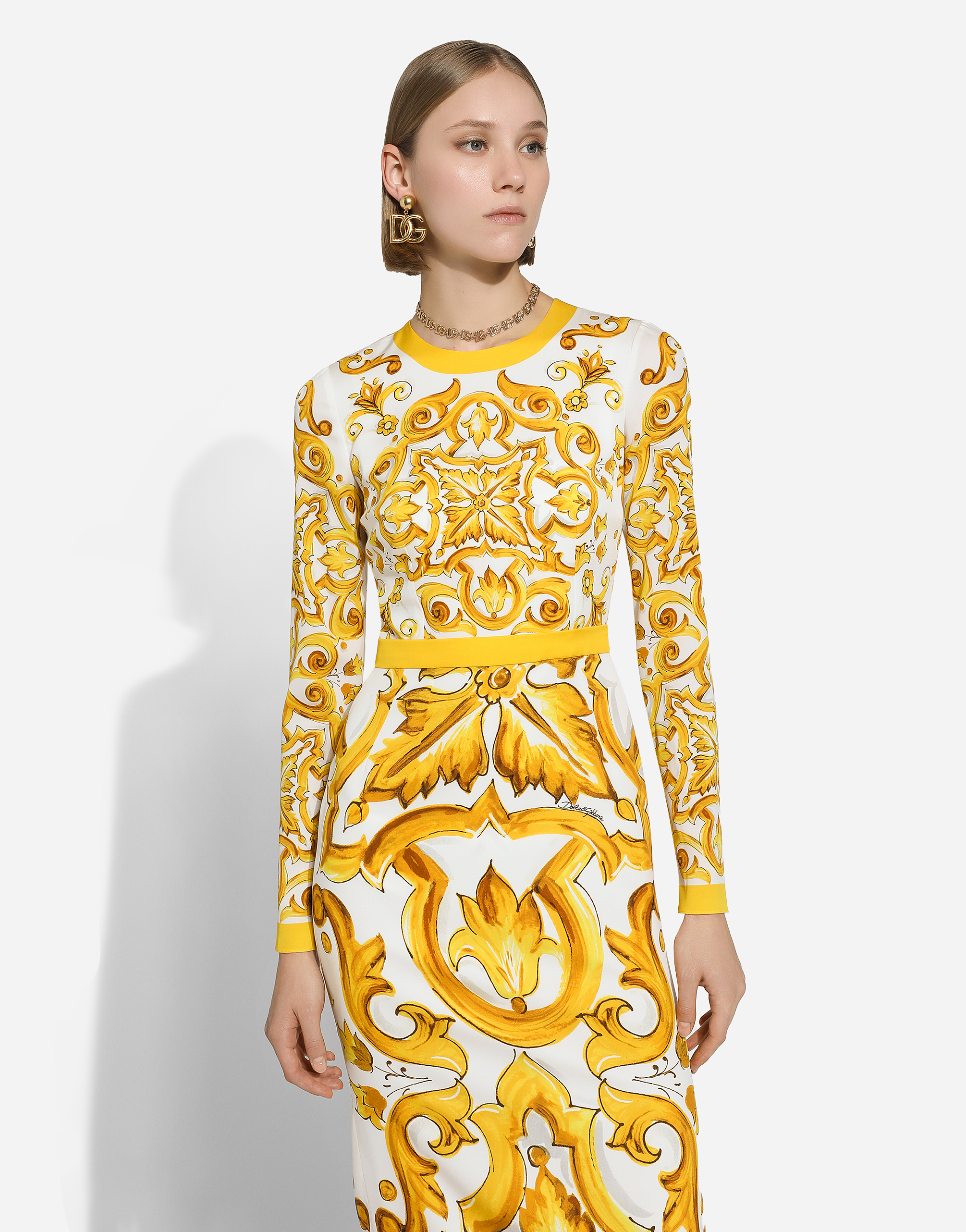 Shop Dolce & Gabbana Charmeuse Calf-length Sheath Dress With Majolica Print