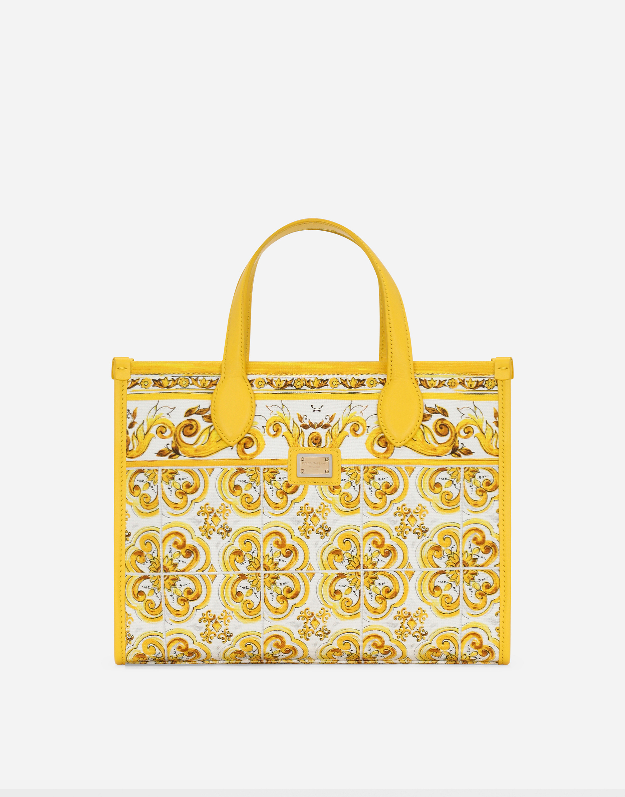 Shop Dolce & Gabbana Canvas Handbag With Yellow Majolica Print