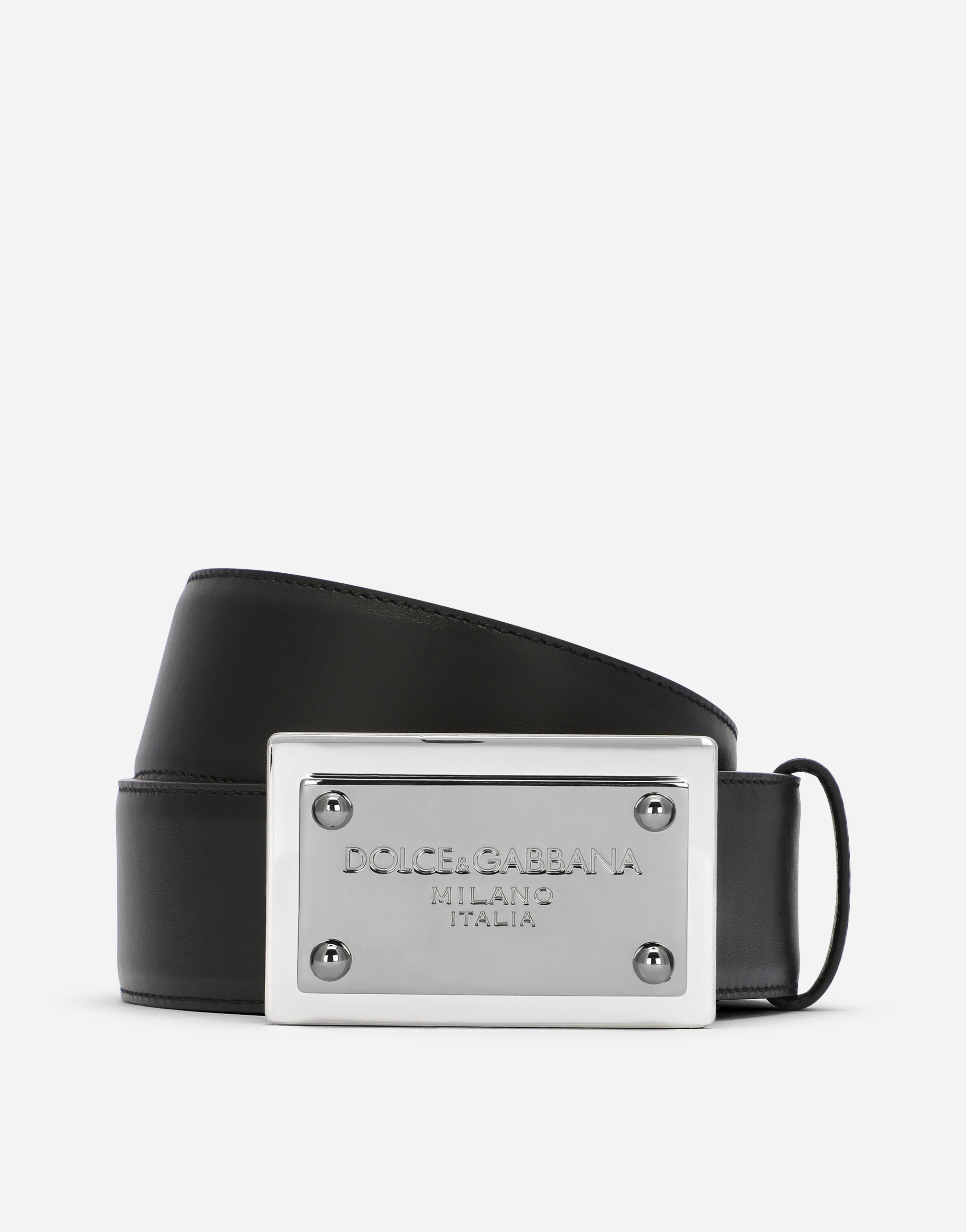 Calfskin belt with branded tag in Black for Men | Dolce&Gabbana®