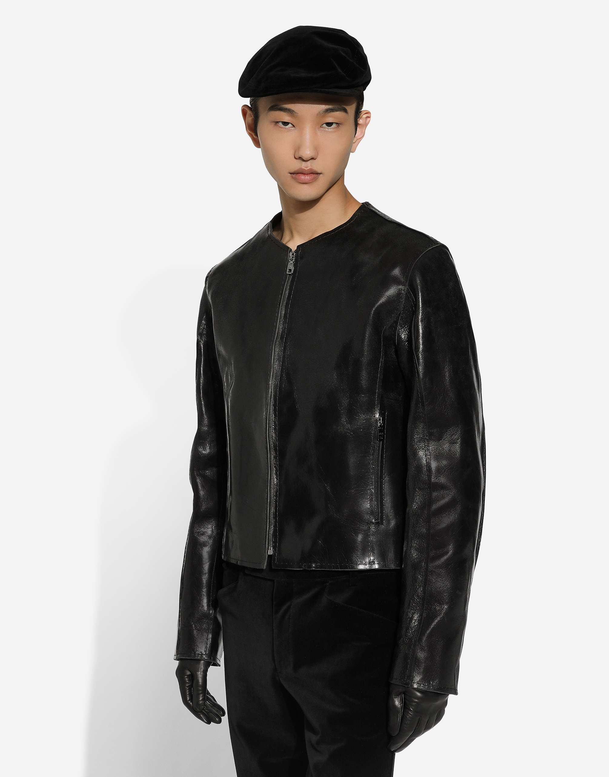 Shop Dolce & Gabbana Collarless Leather Jacket In Black