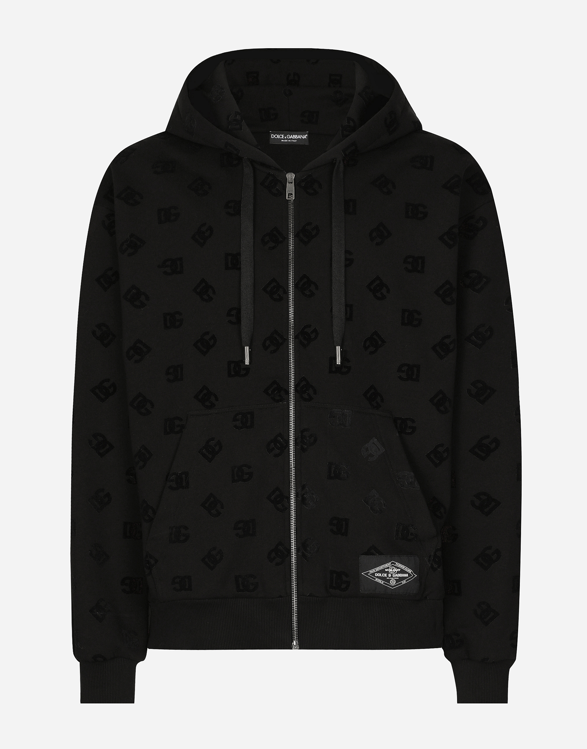 Shop Dolce & Gabbana Zip-up Hoodie With All-over Dg Print In ブラック