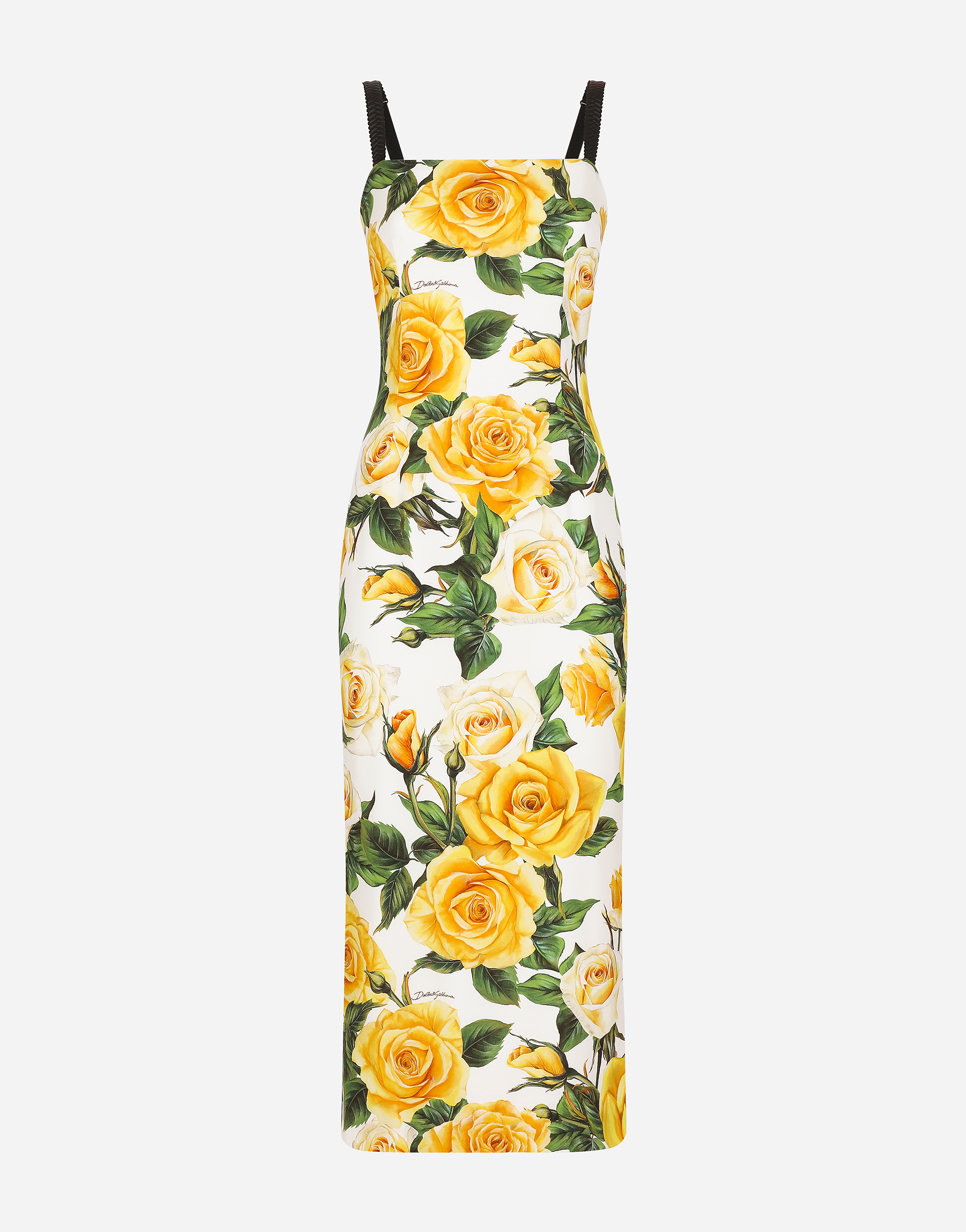 Draped charmeuse dress with yellow rose print