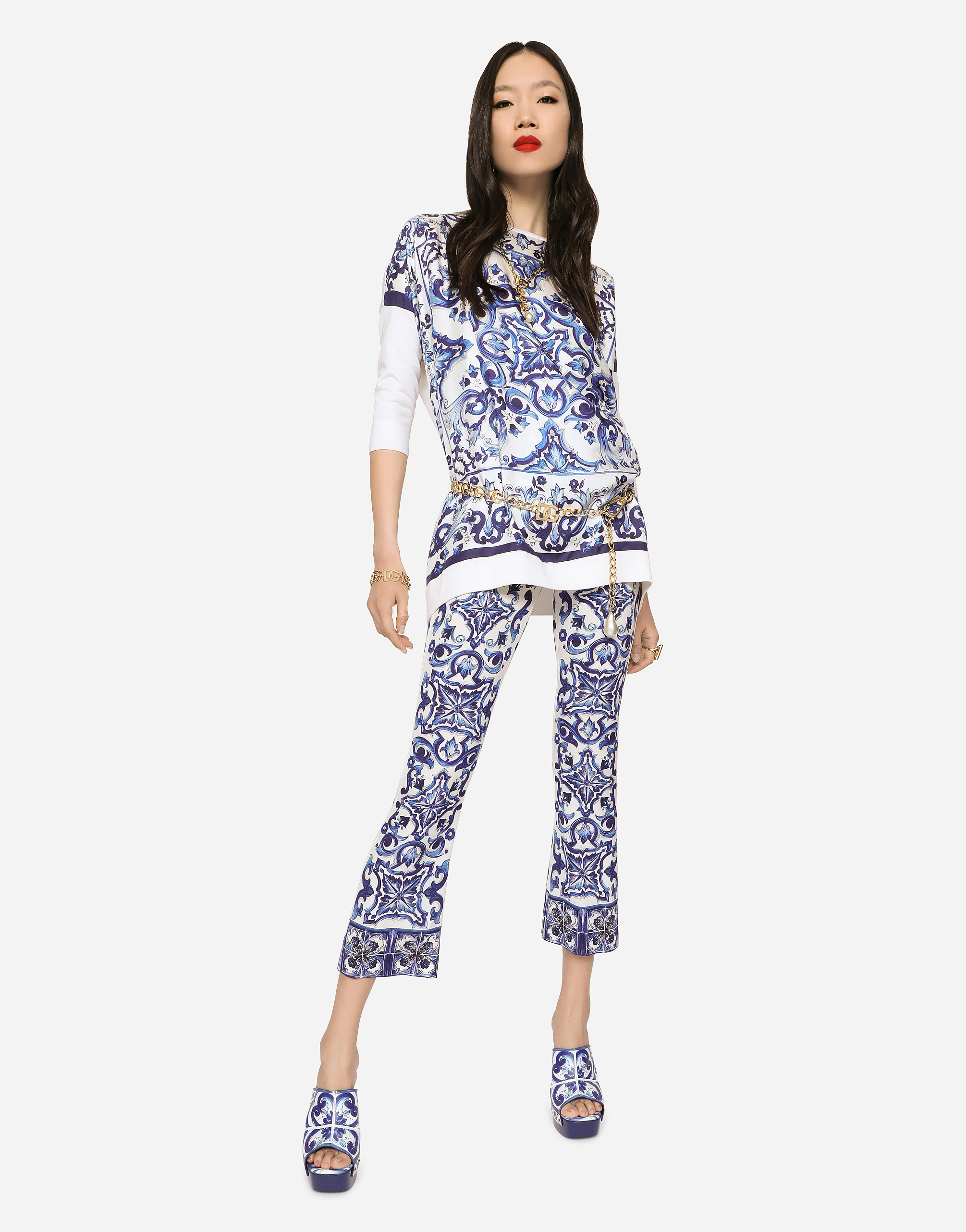 Shop Dolce & Gabbana Silk Twill Crew-neck Pullover With Majolica Print In Multicolor