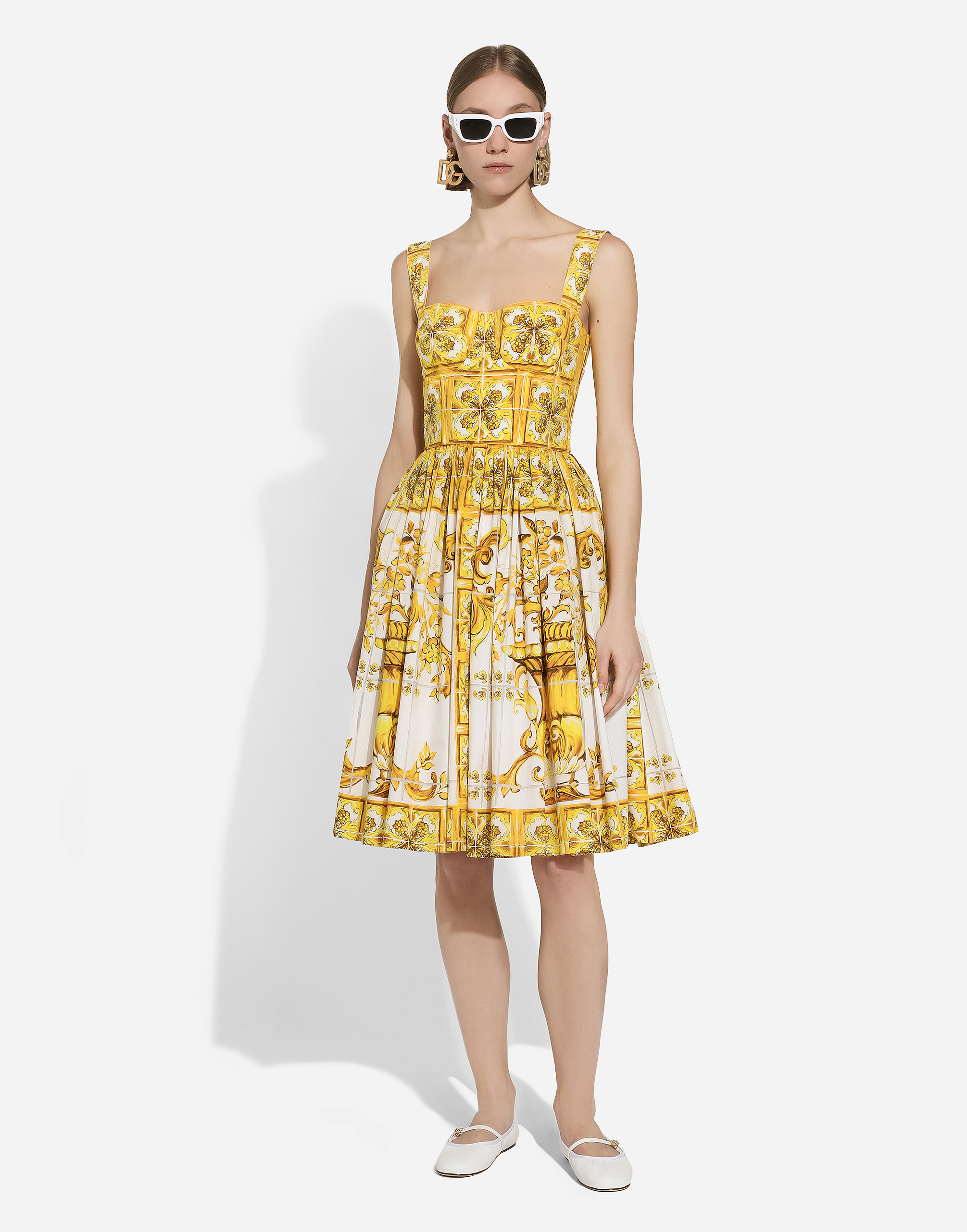 Shop Dolce & Gabbana Midi Corset Dress In Cotton Poplin With Majolica Print