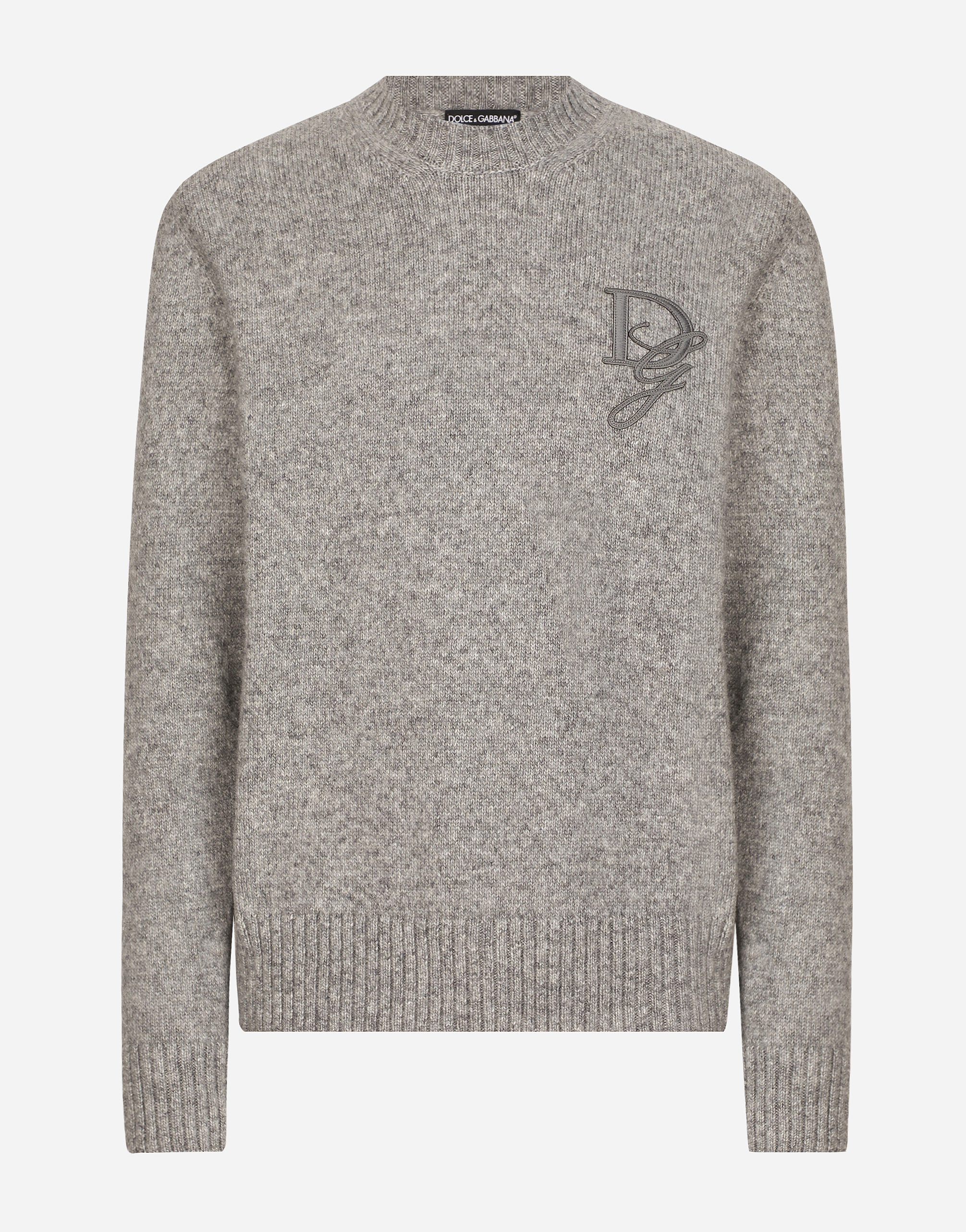 Shop Dolce & Gabbana Round-neck Wool Sweater With Dg Embroidery In Grey