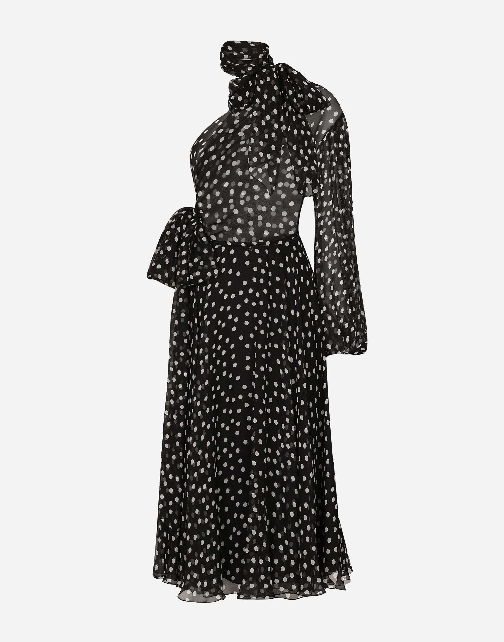 Polka-dot one-shoulder chiffon dress