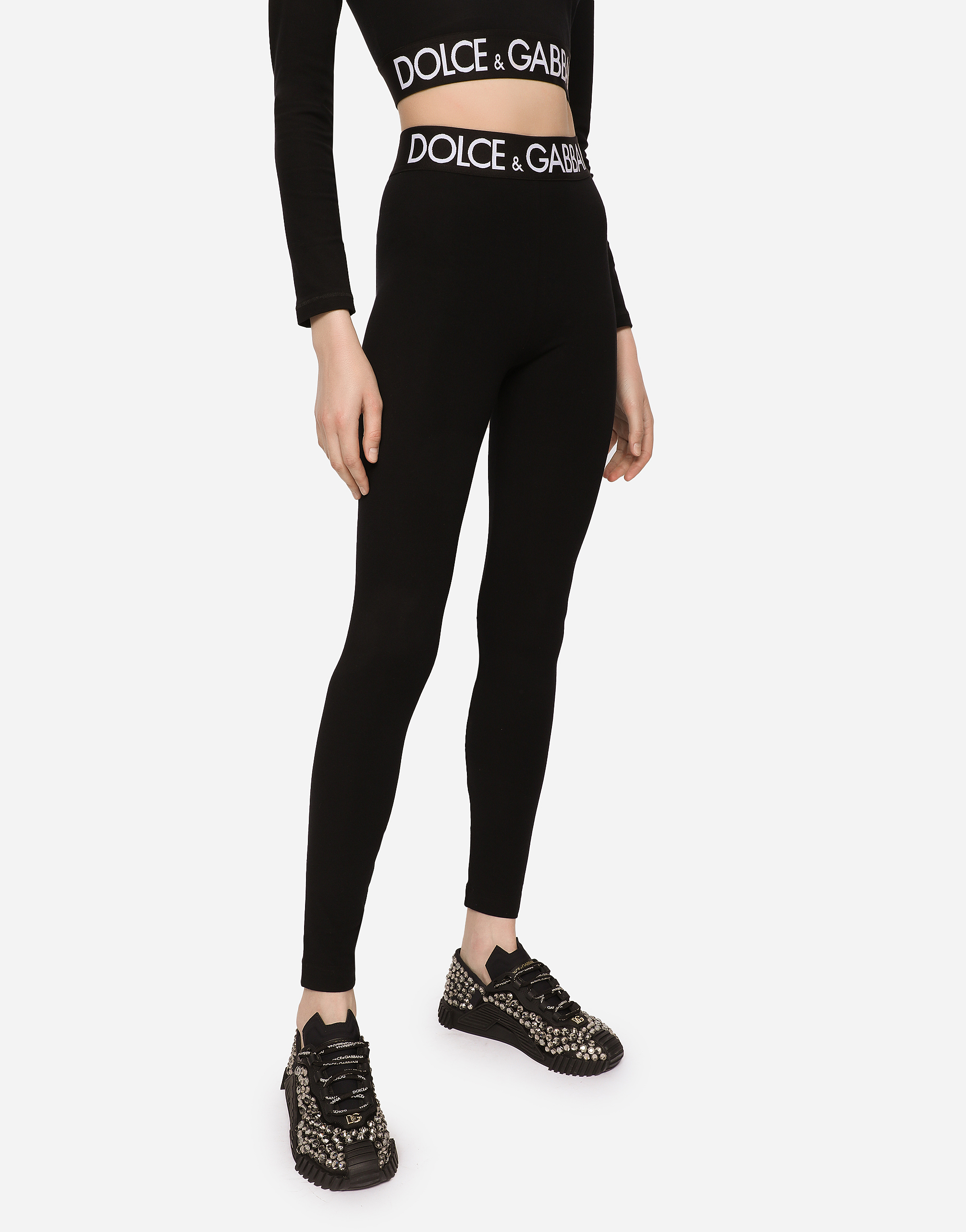Jersey leggings with branded elastic in Black for Women