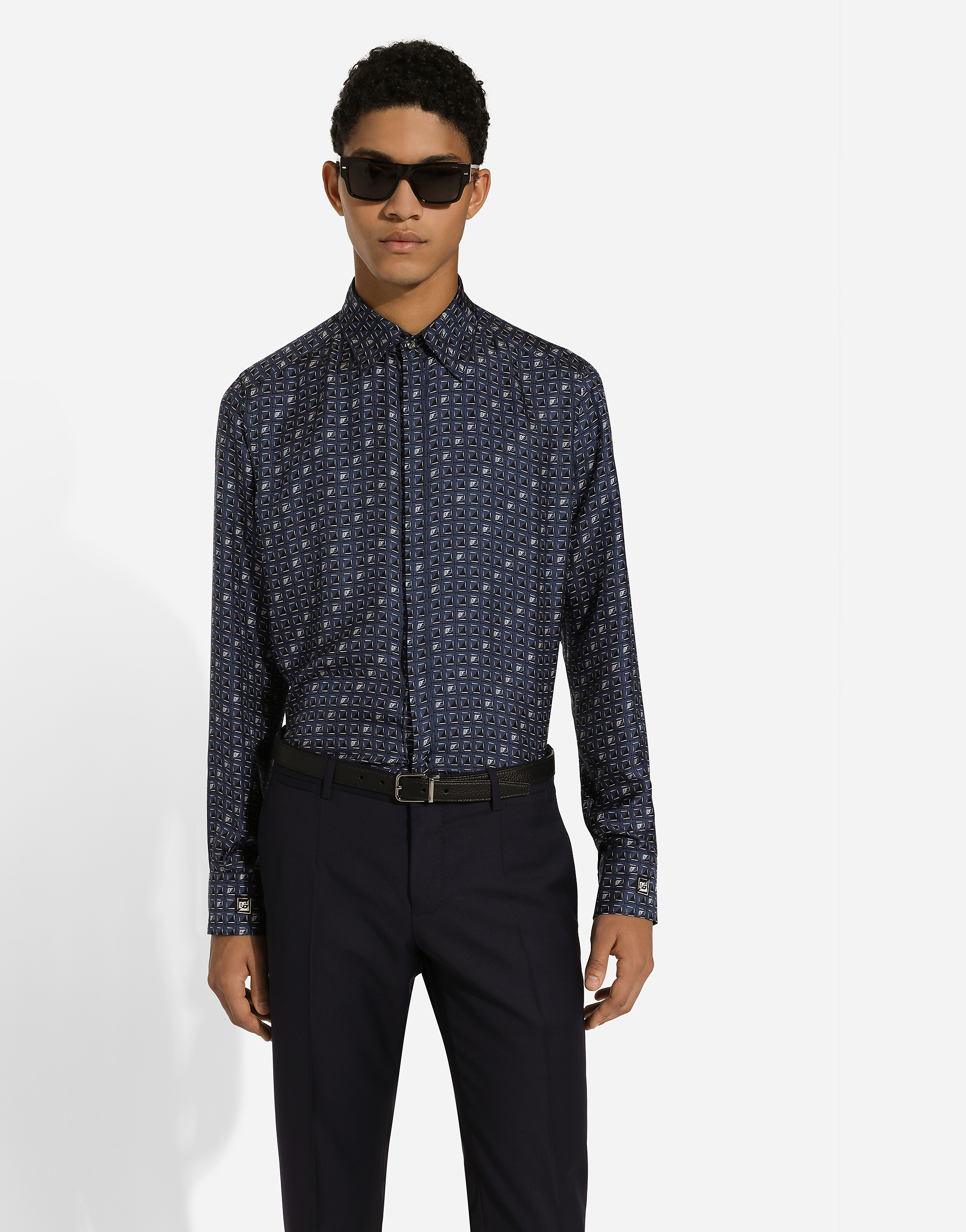 Shop Dolce & Gabbana Silk Martini-fit Shirt With Tie Print In Blue