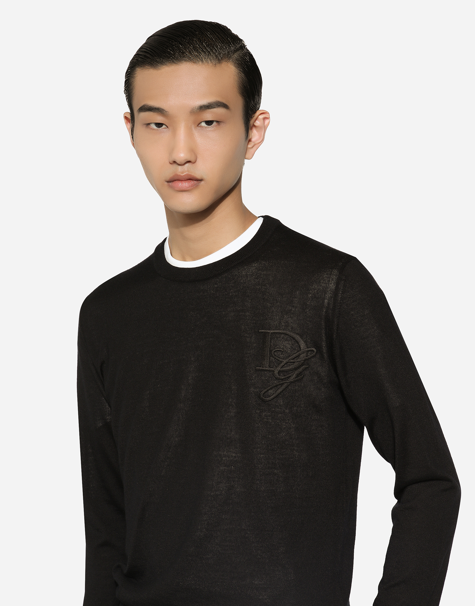 Shop Dolce & Gabbana Cashmere Round-neck Sweater With Dg Embroidery In Black