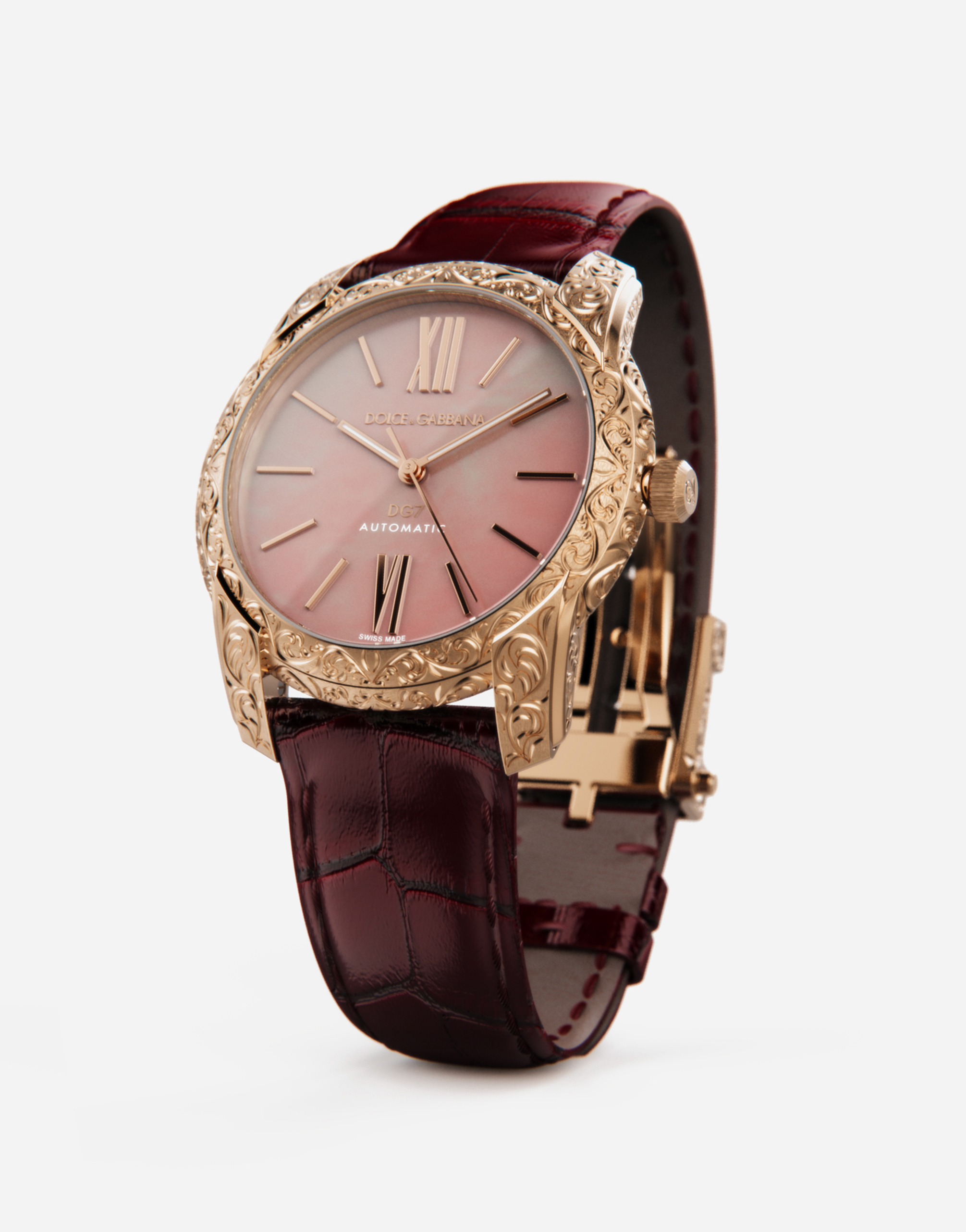 Shop Dolce & Gabbana Dg7 Gattopardo Watch In Red Gold With Pink Mother Of Pearl In Burgundy