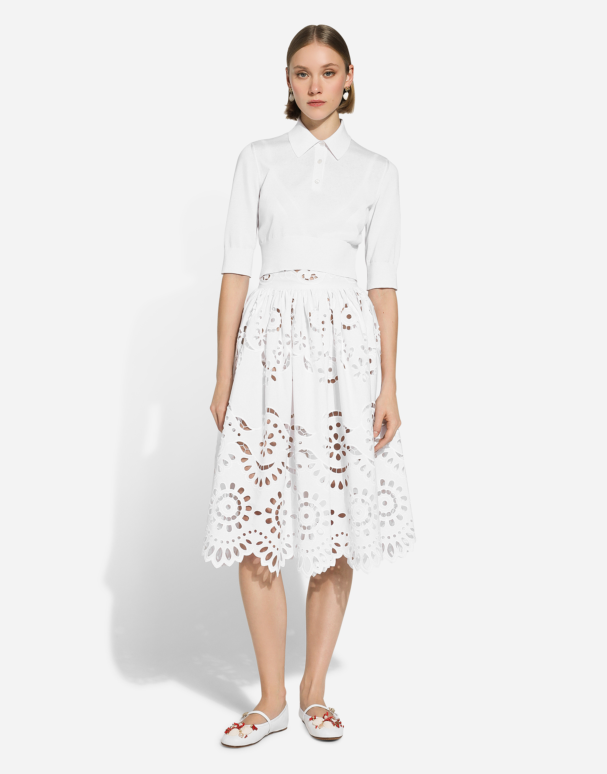 Shop Dolce & Gabbana Cotton Midi Circle Skirt With Cut-out Detailing In ホワイト